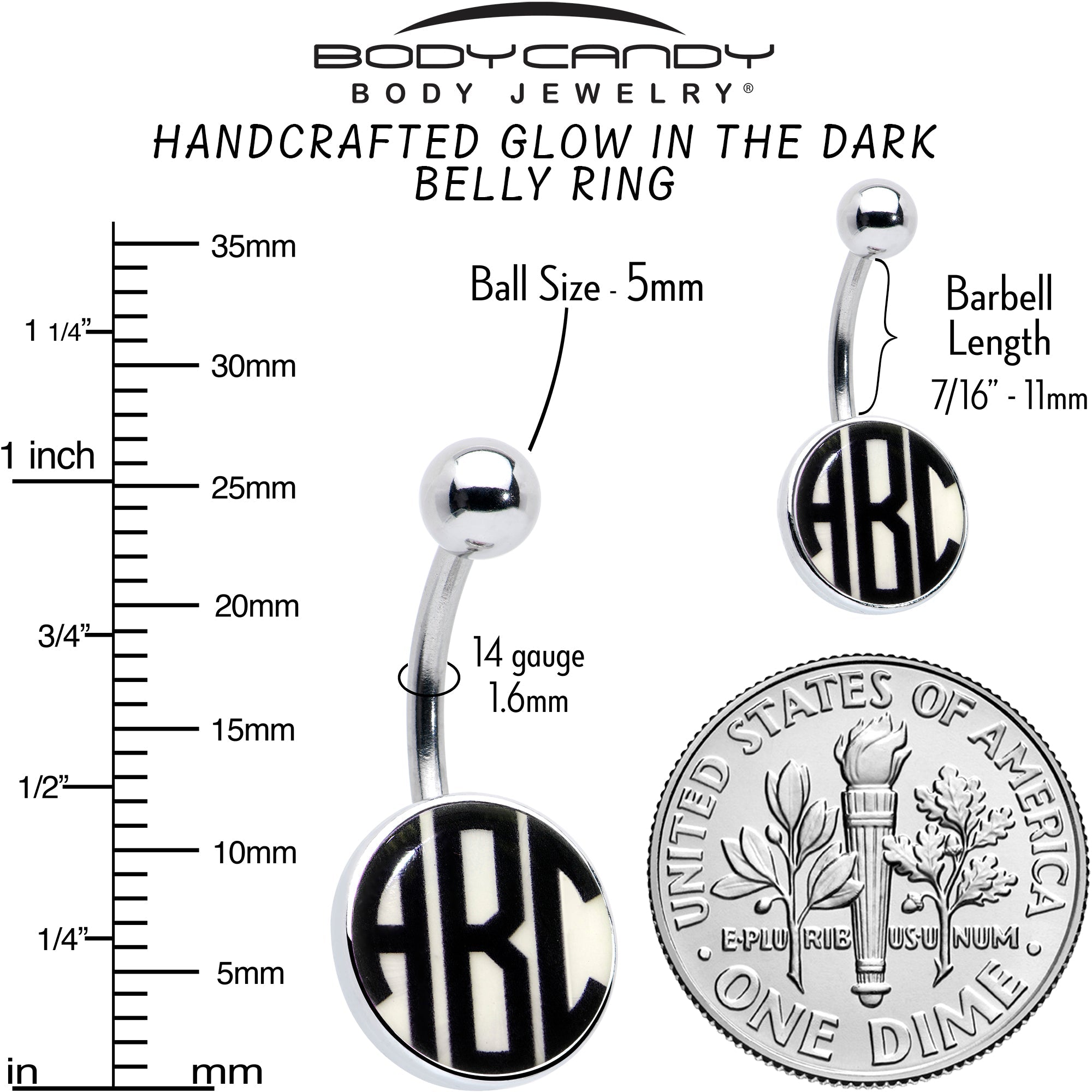 BodyCandy Custom Glow in the Dark Logo Personalized Initial Belly Ring — color detail