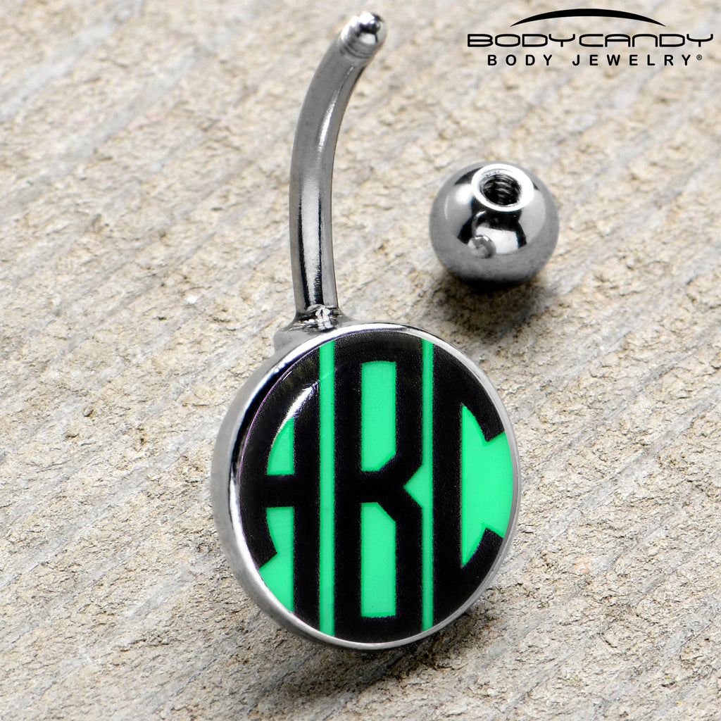BodyCandy Custom Glow in the Dark Logo Personalized Initial Belly Ring — feature highlight
