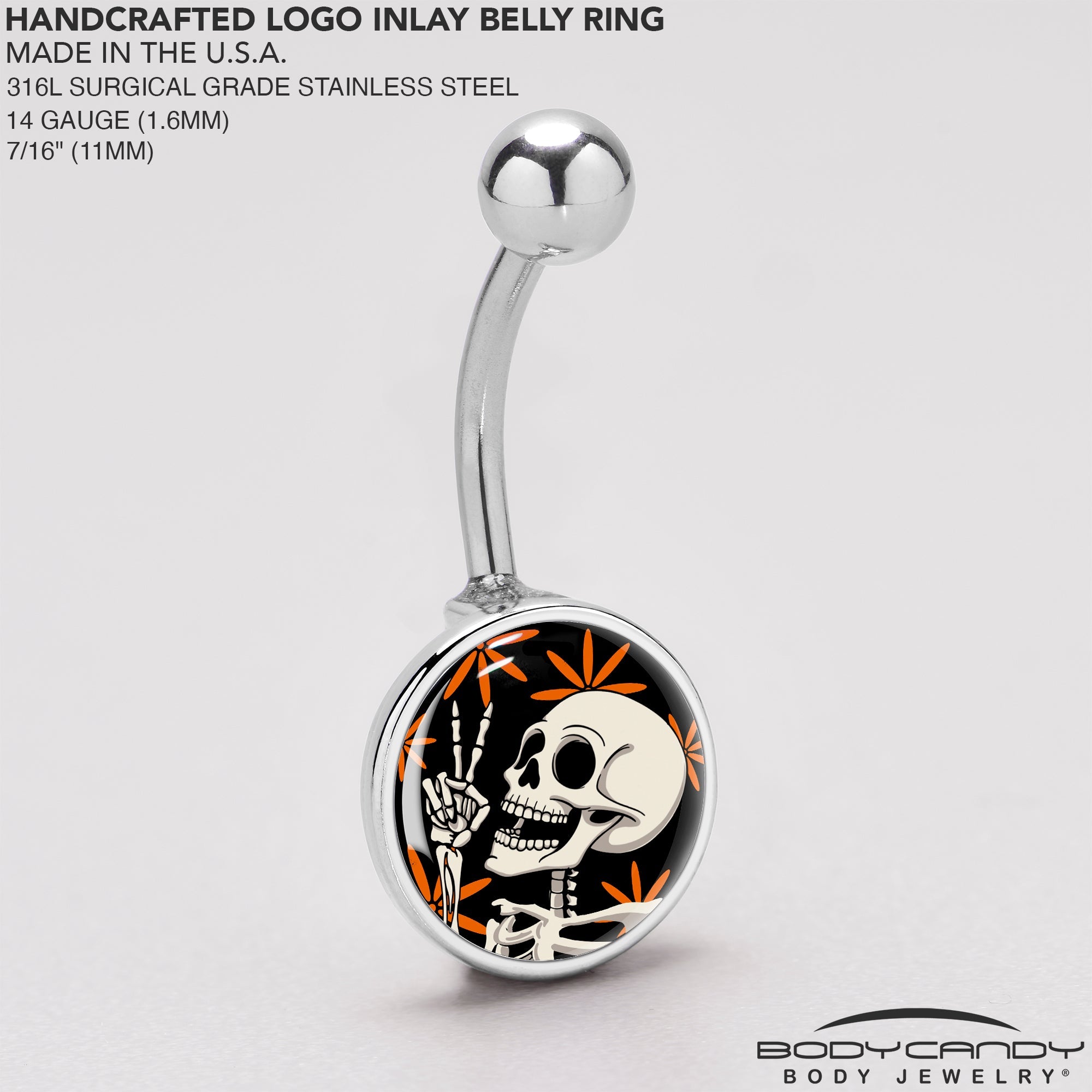 BodyCandy Peace Sign Skeleton Belly Ring by Onyx O — back view