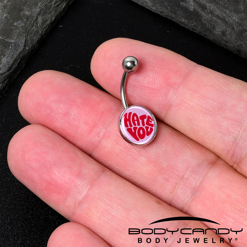 BodyCandy Retro Text Hate You Belly Ring by Onyx O — detail close-up