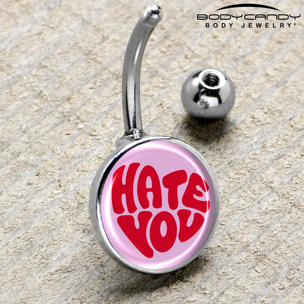 BodyCandy Retro Text Hate You Belly Ring by Onyx O — side view