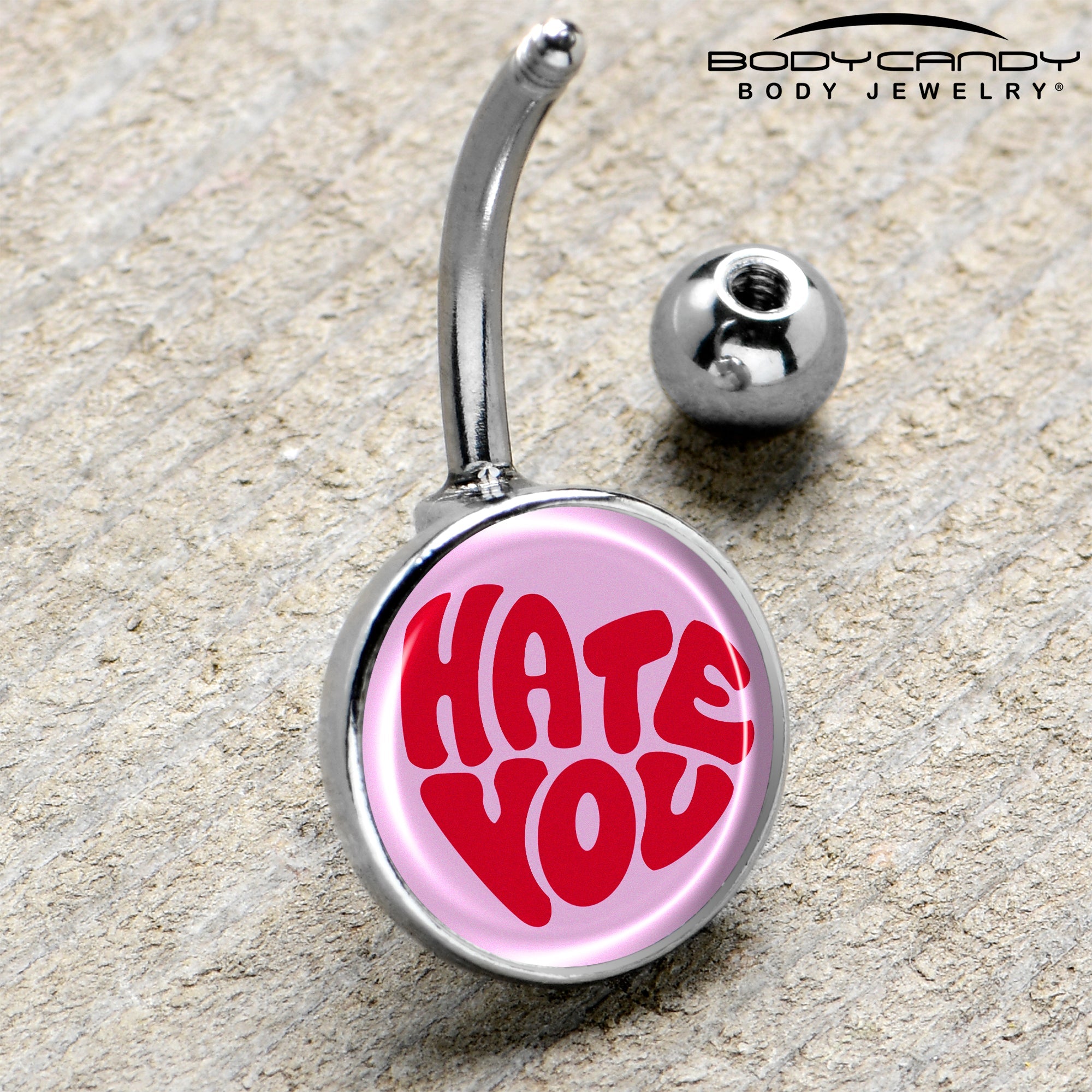 BodyCandy Retro Text Hate You Belly Ring by Onyx O — side view
