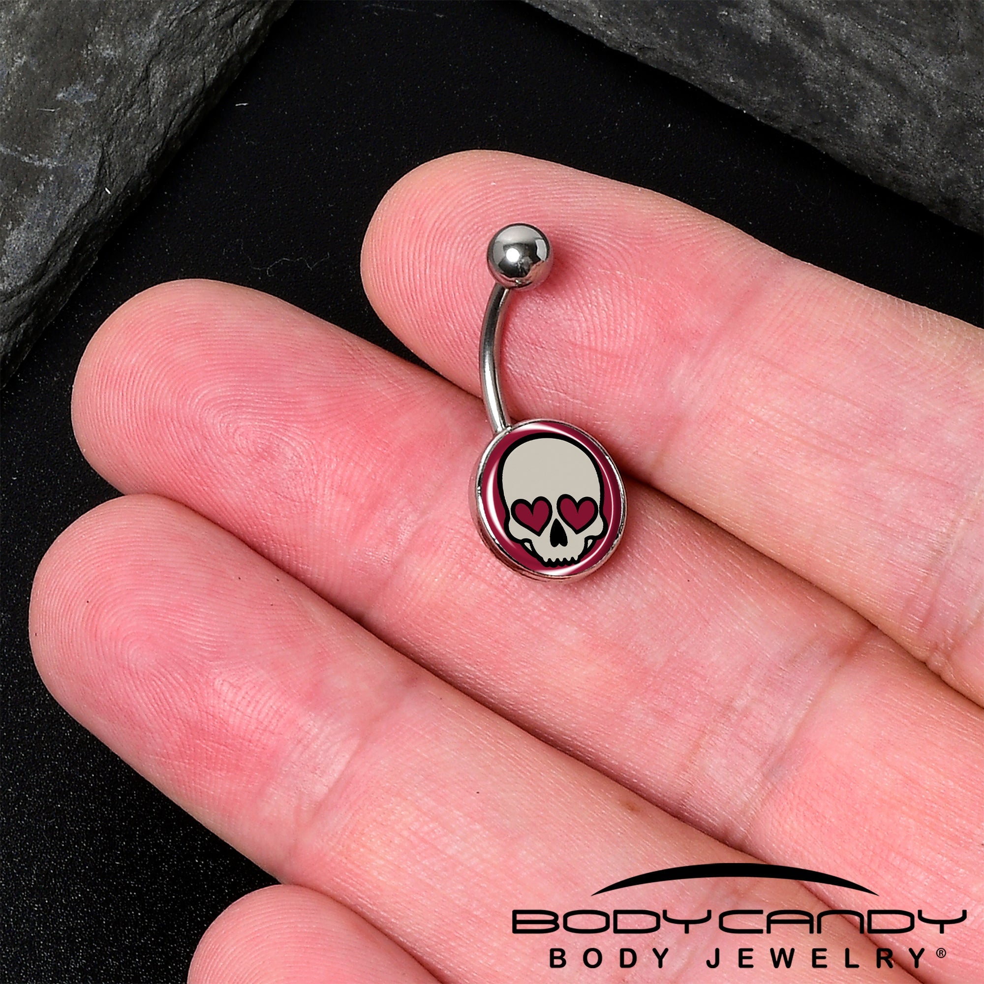 BodyCandy Valentine Heart Skull Belly Ring — detail close-up