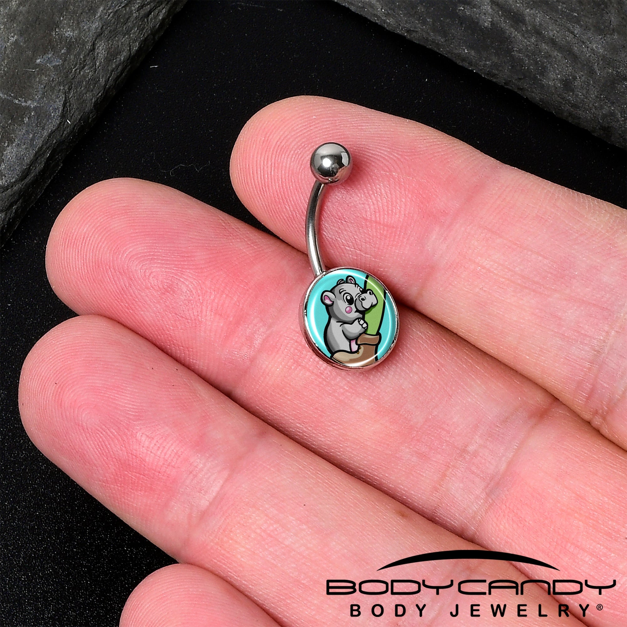 BodyCandy Cute Biting Baby Hippo Belly Ring — detail close-up