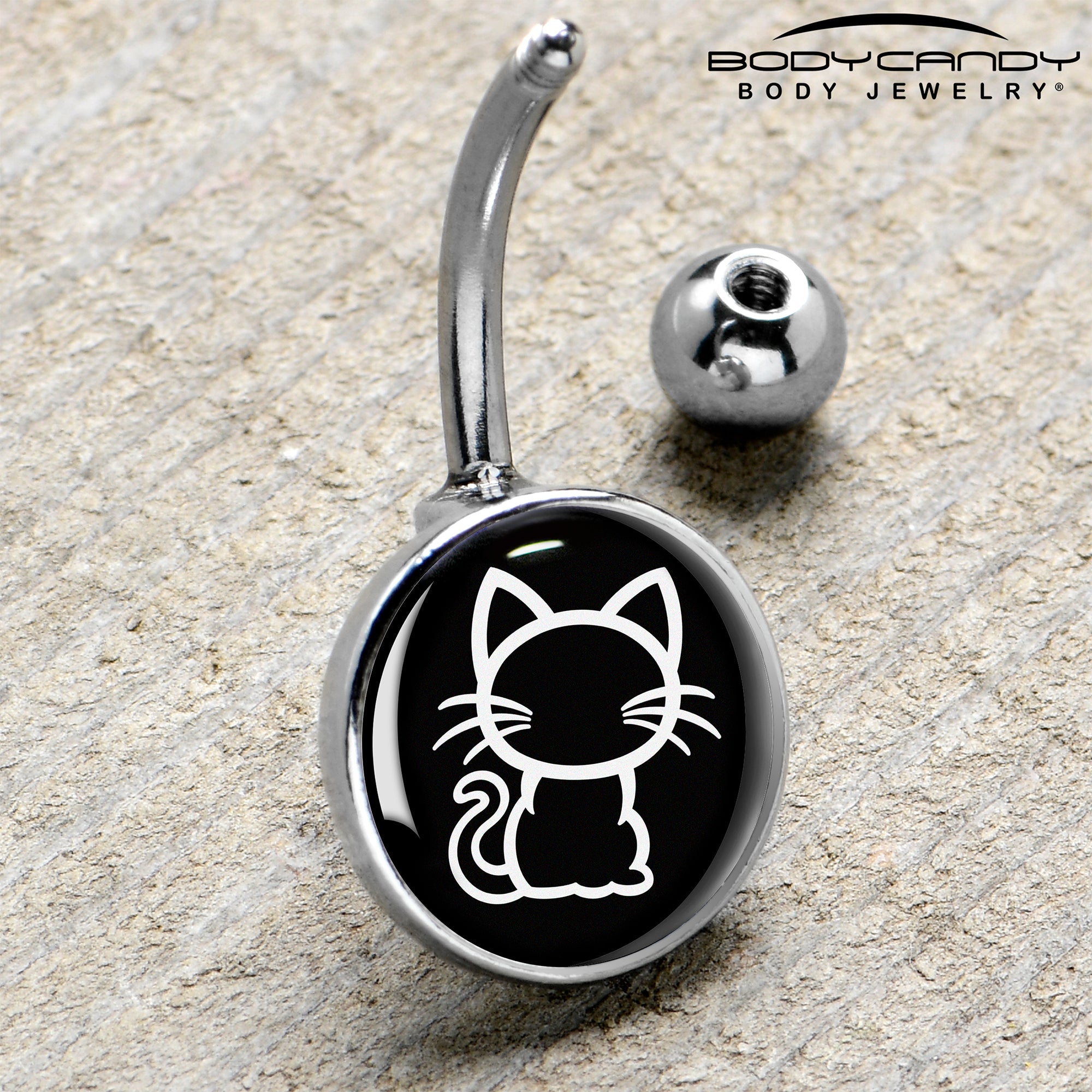 BodyCandy Black and White Kitty Cat Belly Ring by Onyx O — side view