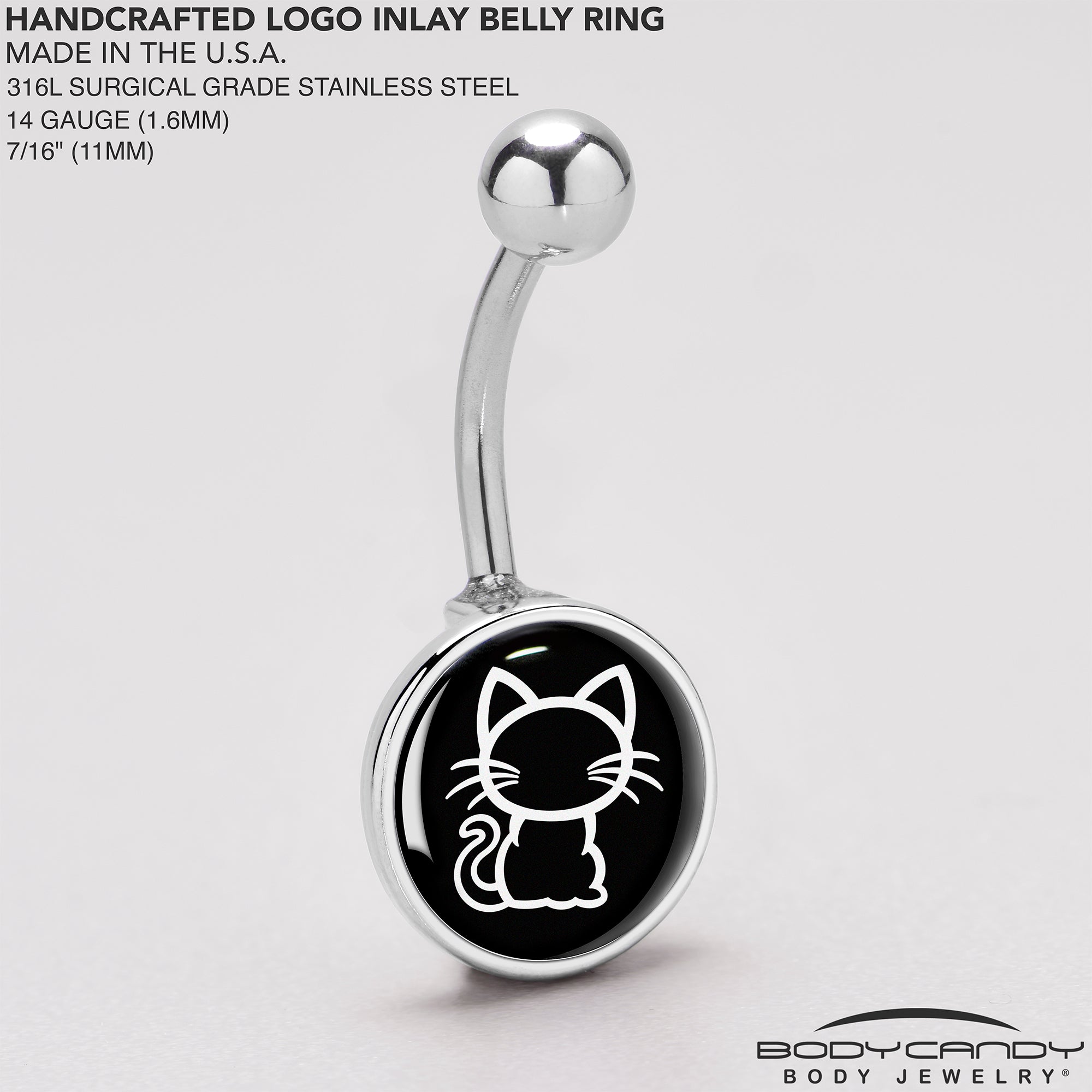 BodyCandy Black and White Kitty Cat Belly Ring by Onyx O — back view