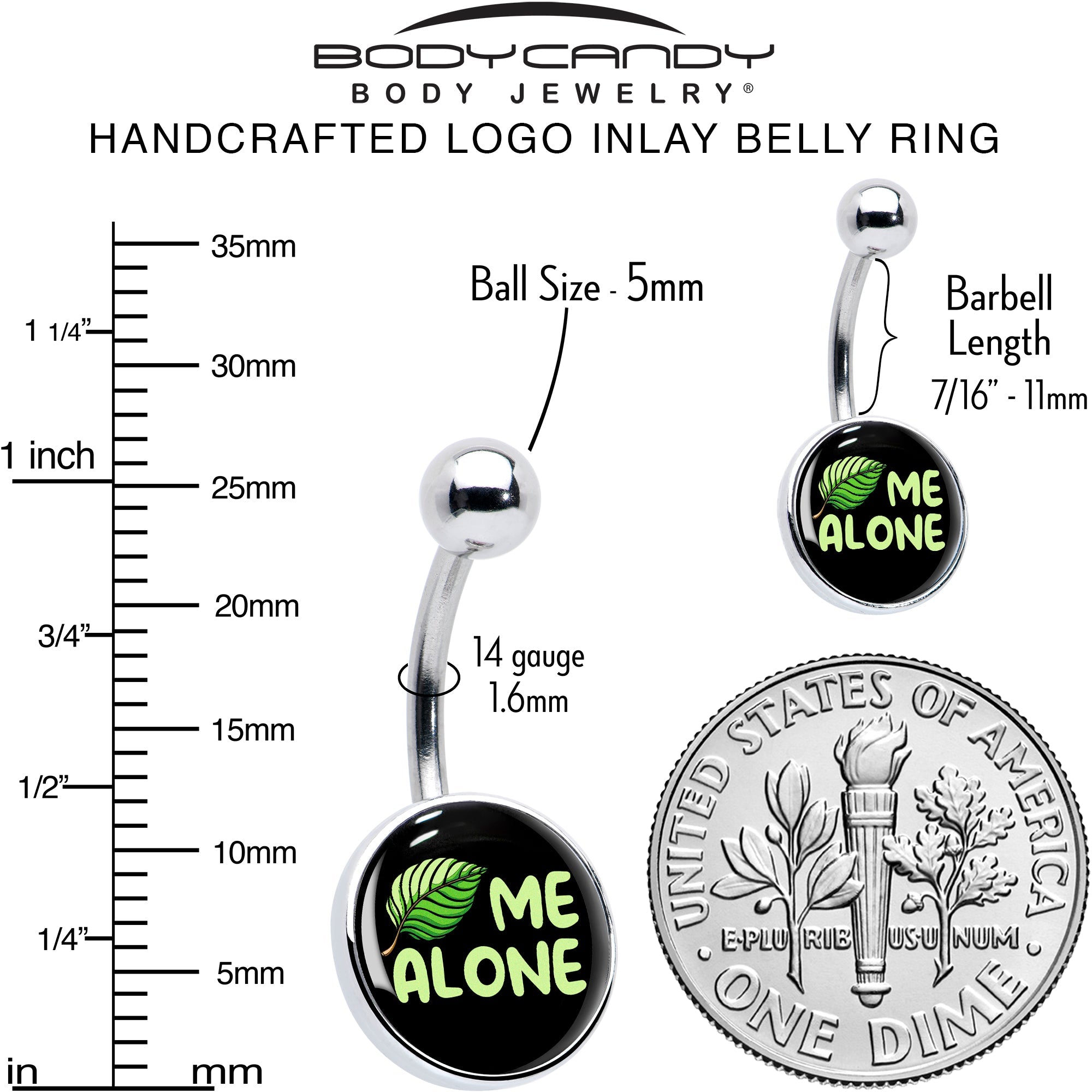 BodyCandy Black Green Leaf Me Alone Belly Ring by Onyx O — alternative angle