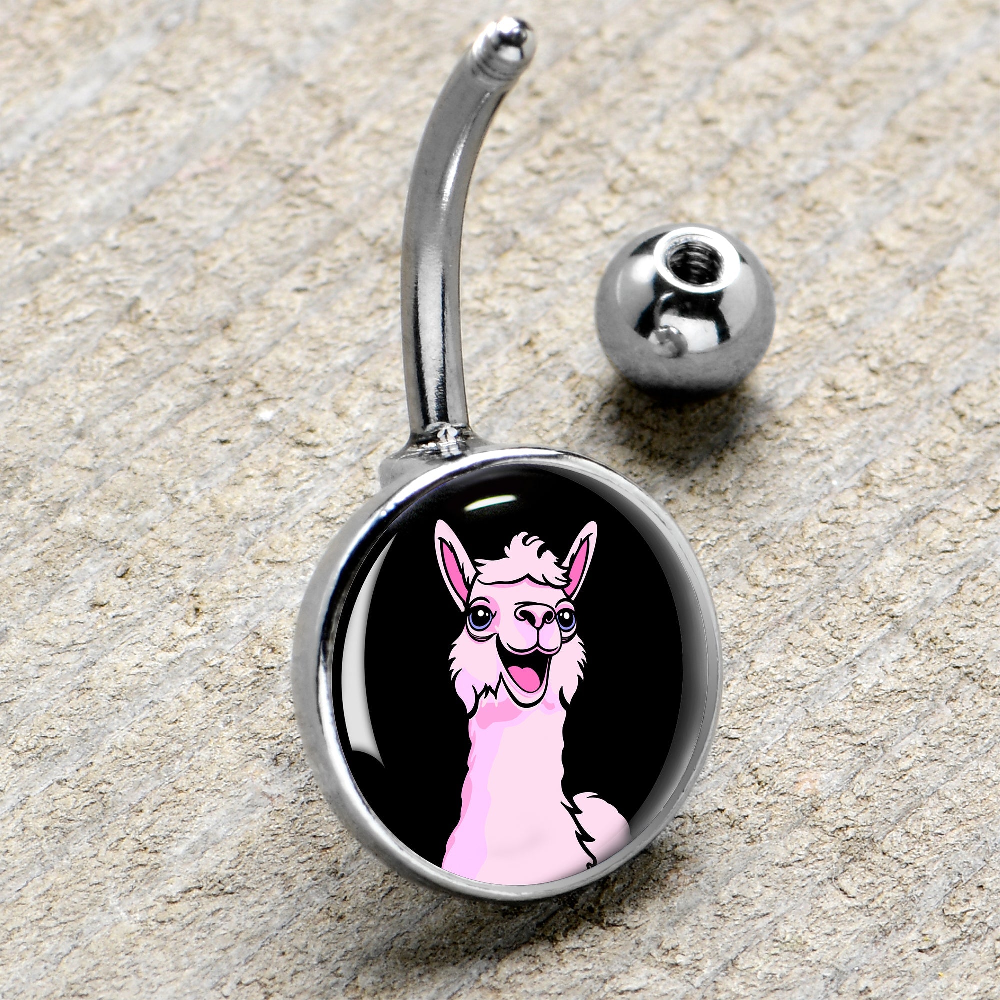 BodyCandy Pink Happy Llama Belly Ring by Onyx O — side view