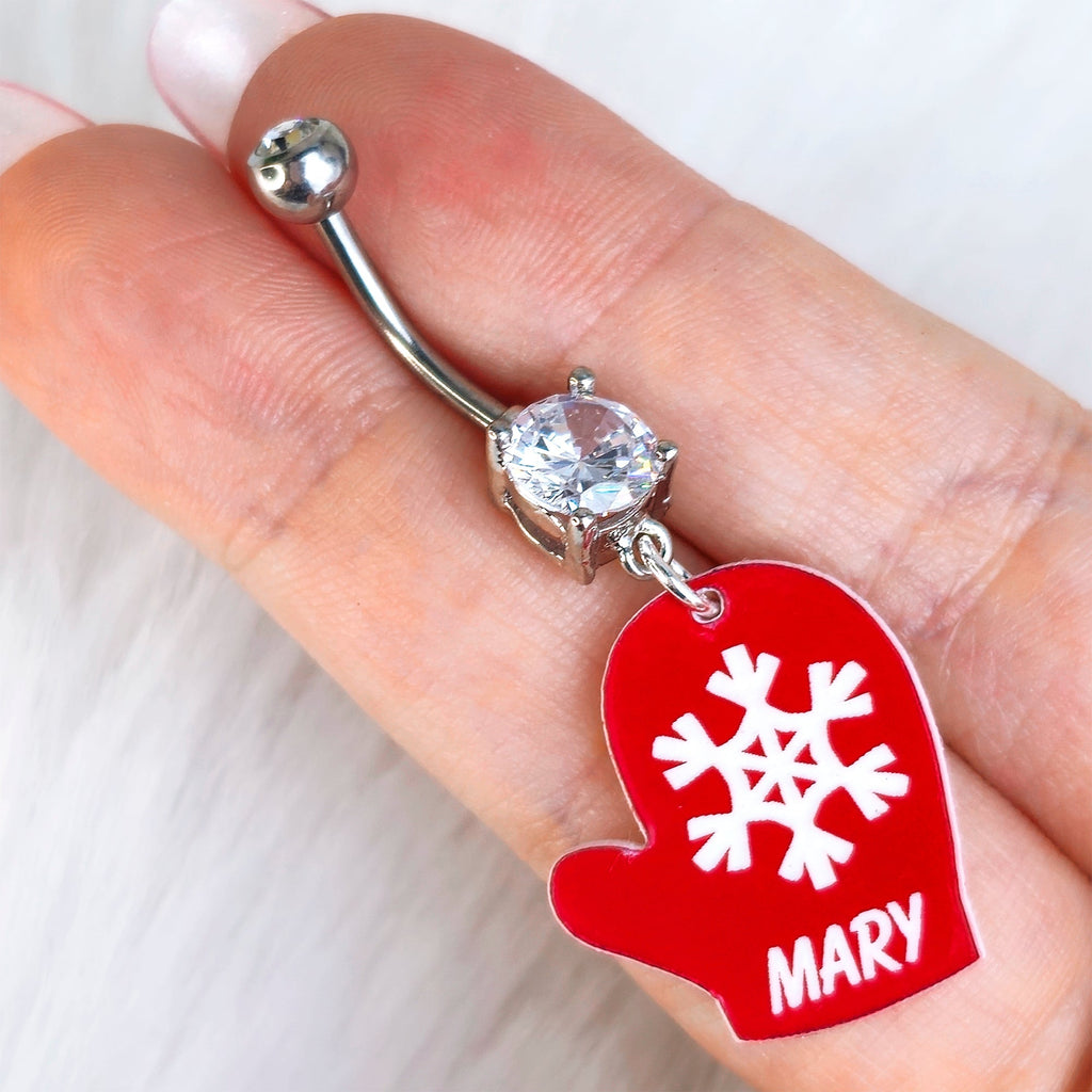 BodyCandy Custom Holiday Mitten Personalized Dangle Belly Ring — detail close-up