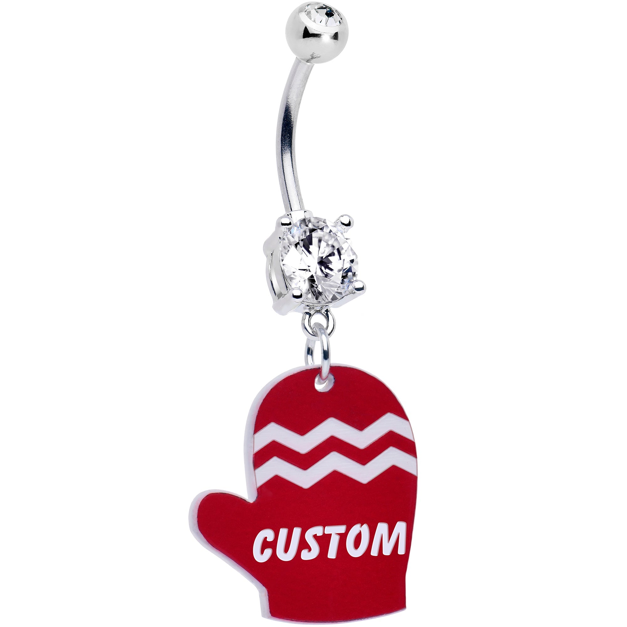 BodyCandy Custom Holiday Mitten Personalized Dangle Belly Ring — in-use photo
