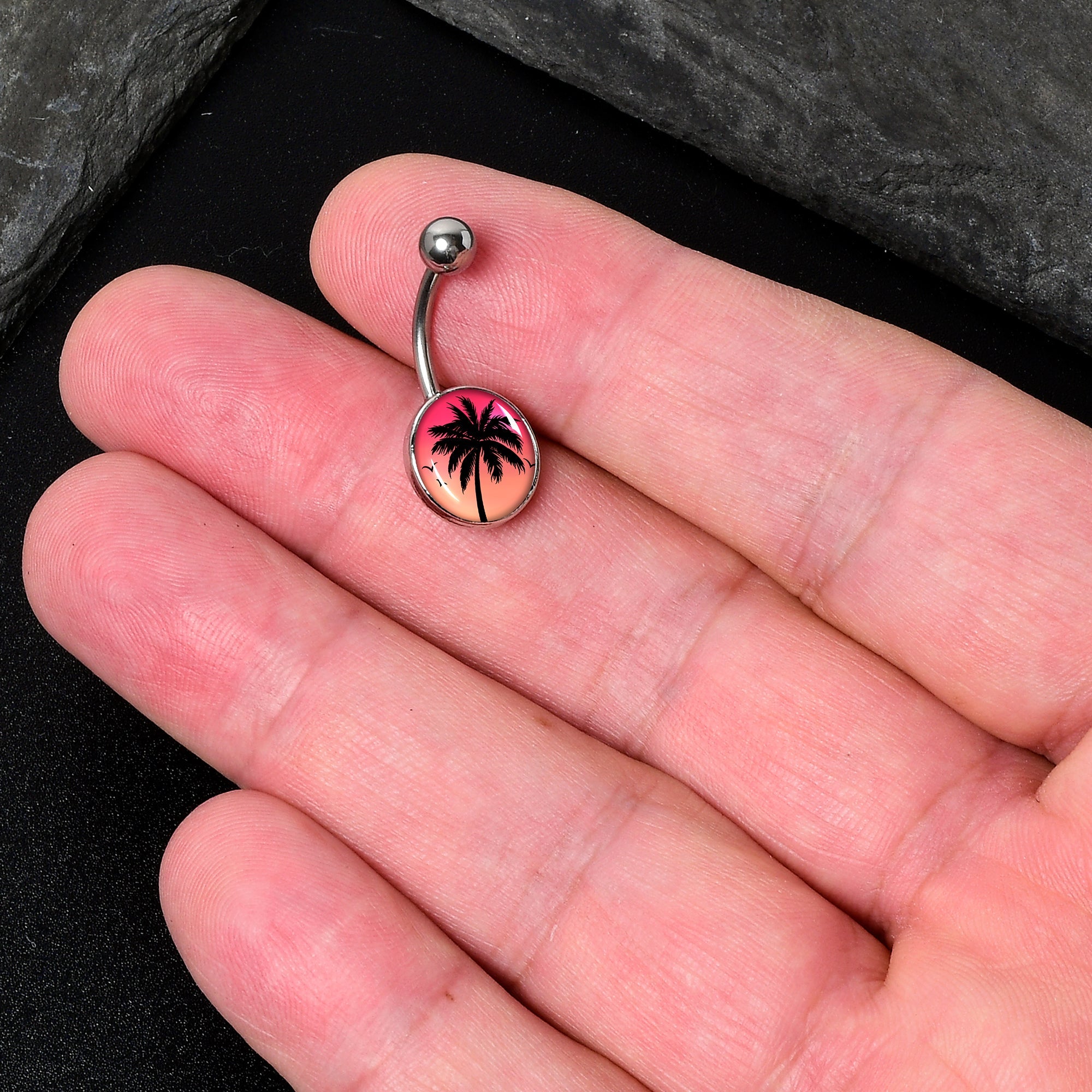 BodyCandy Red Sunset Palm Tree Belly Ring by Onyx O — detail close-up