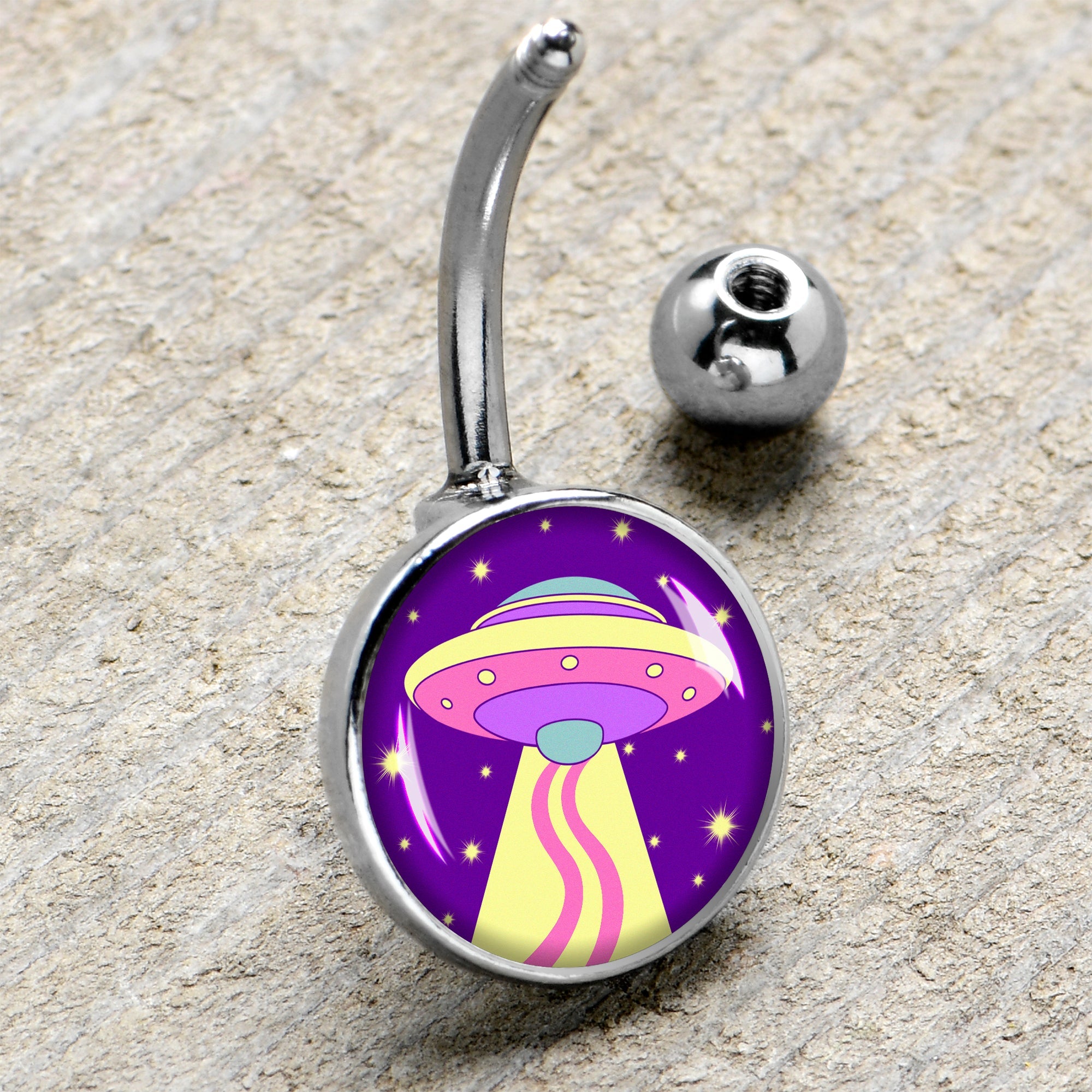 BodyCandy Style Space Invasion UFO Belly Ring by Onyx O — side view
