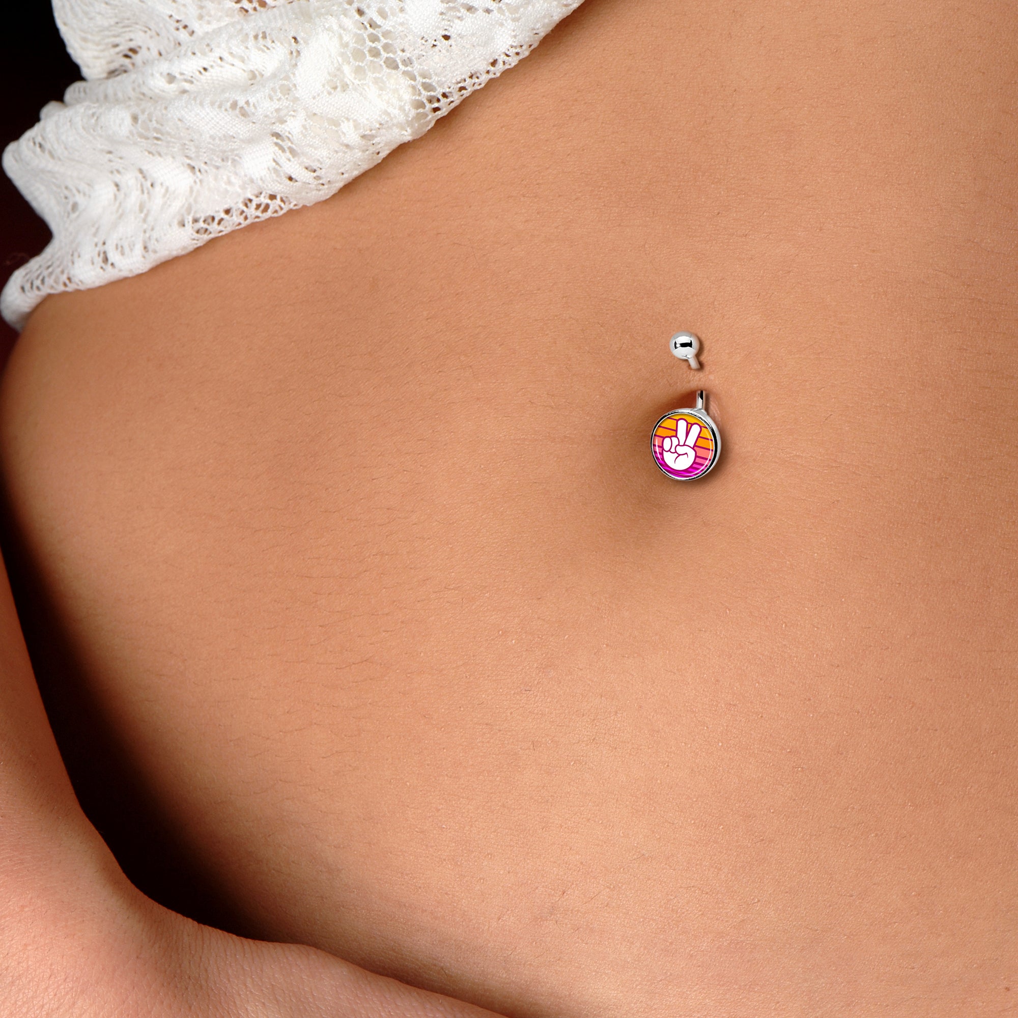 BodyCandy Retro Stripes Peace Sign Fingers Belly Ring by Onyx O — detail close-up
