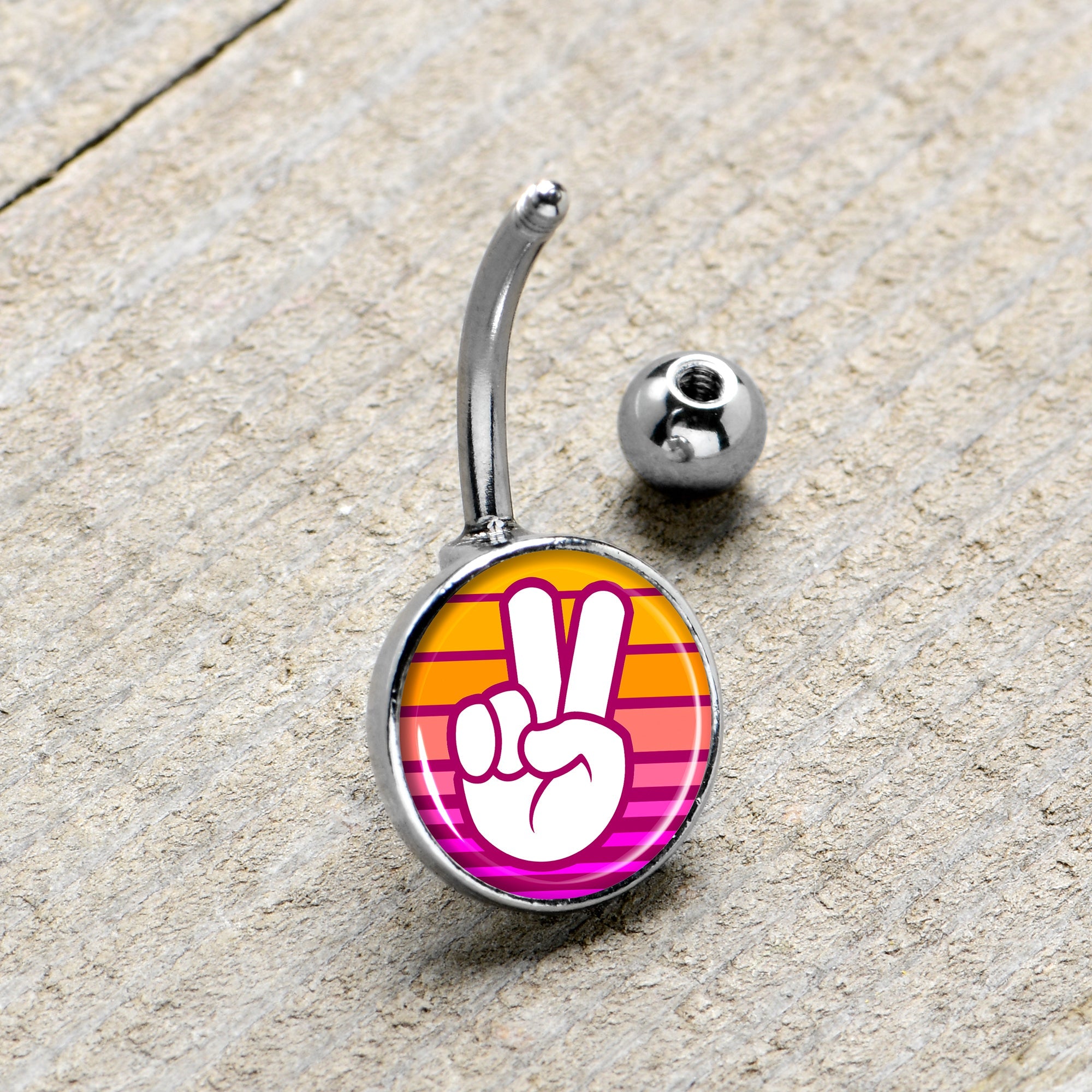 BodyCandy Retro Stripes Peace Sign Fingers Belly Ring by Onyx O — lifestyle context