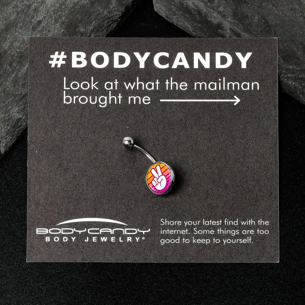 BodyCandy Retro Stripes Peace Sign Fingers Belly Ring by Onyx O — back view