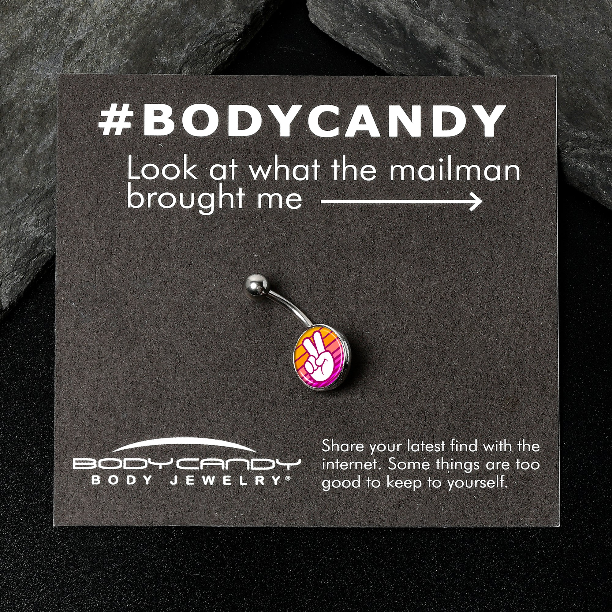BodyCandy Retro Stripes Peace Sign Fingers Belly Ring by Onyx O — back view