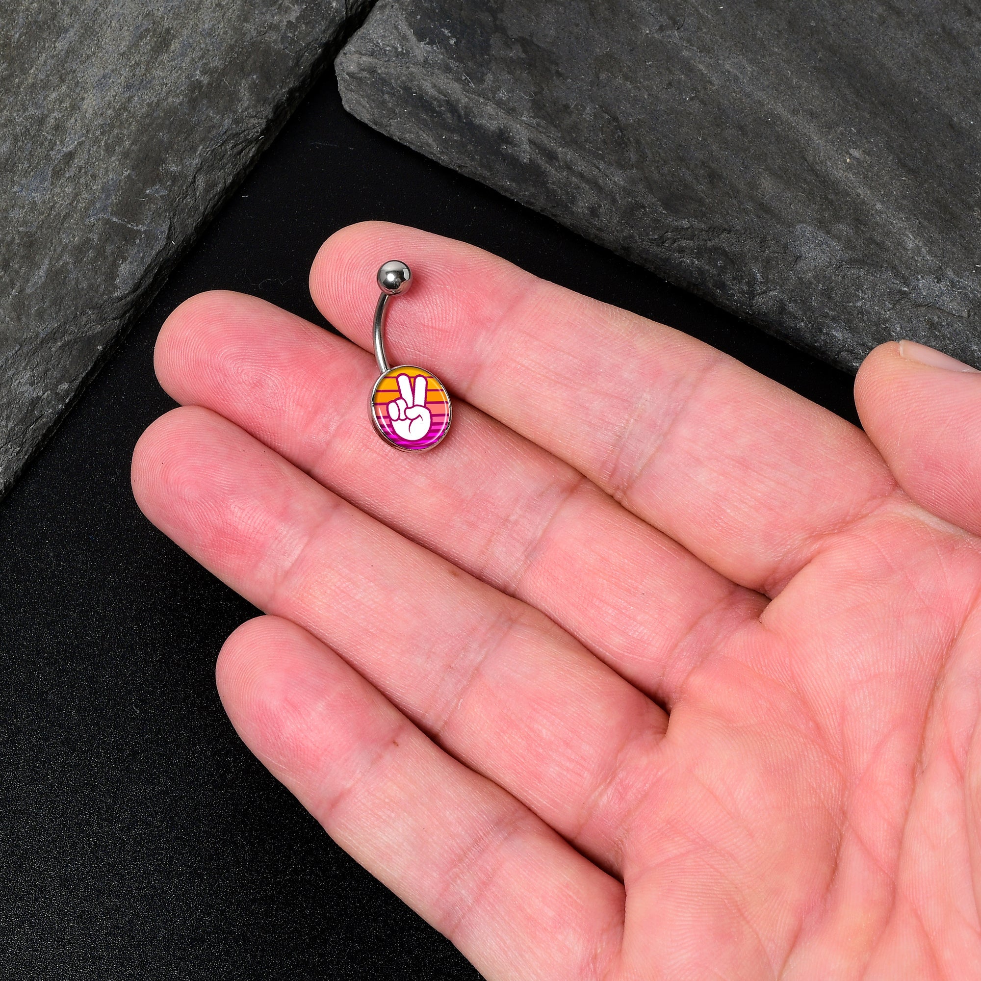 BodyCandy Retro Stripes Peace Sign Fingers Belly Ring by Onyx O — in-use photo