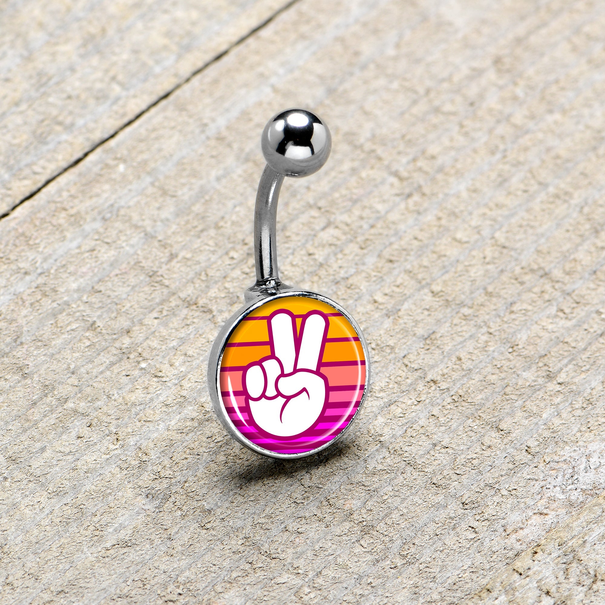 BodyCandy Retro Stripes Peace Sign Fingers Belly Ring by Onyx O — size reference