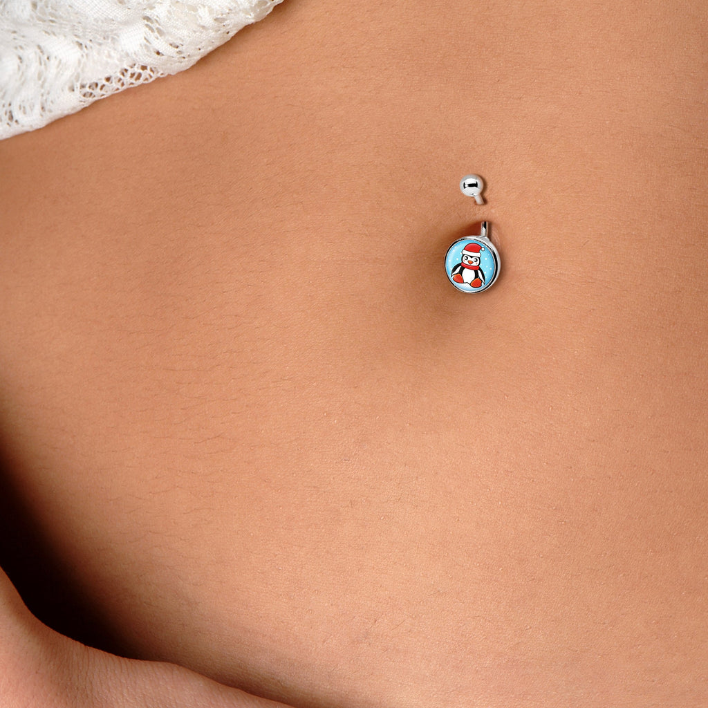 BodyCandy Snowfall Holiday Penguin Belly Ring by Onyx O — detail close-up