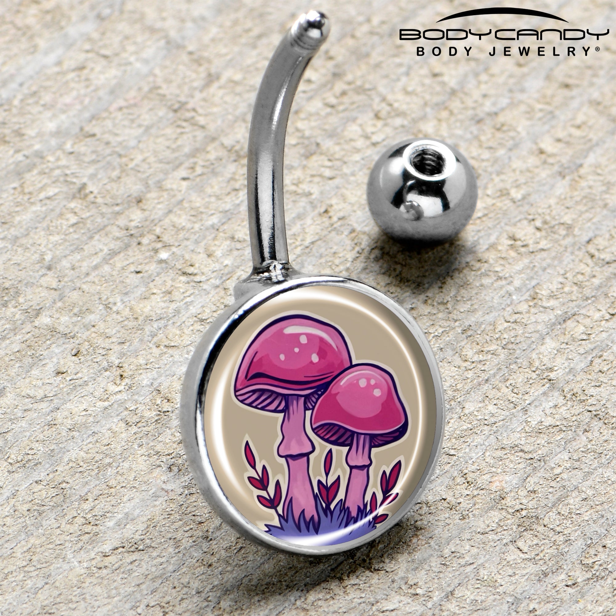 BodyCandy Artist Drawn Pink Mushrooms Belly Ring by Onyx O — side view