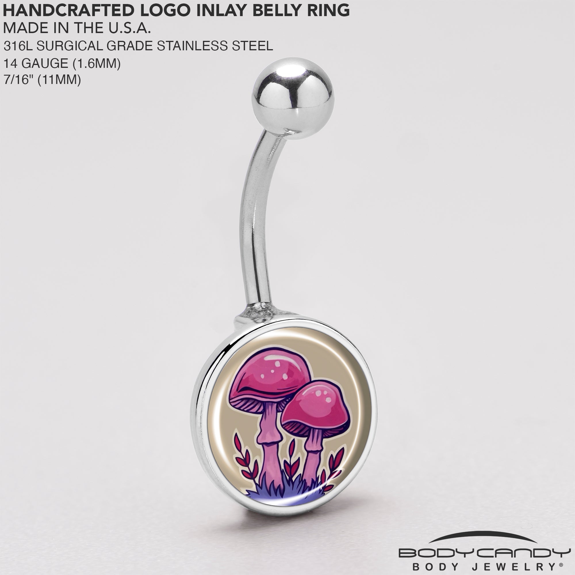 BodyCandy Artist Drawn Pink Mushrooms Belly Ring by Onyx O — back view