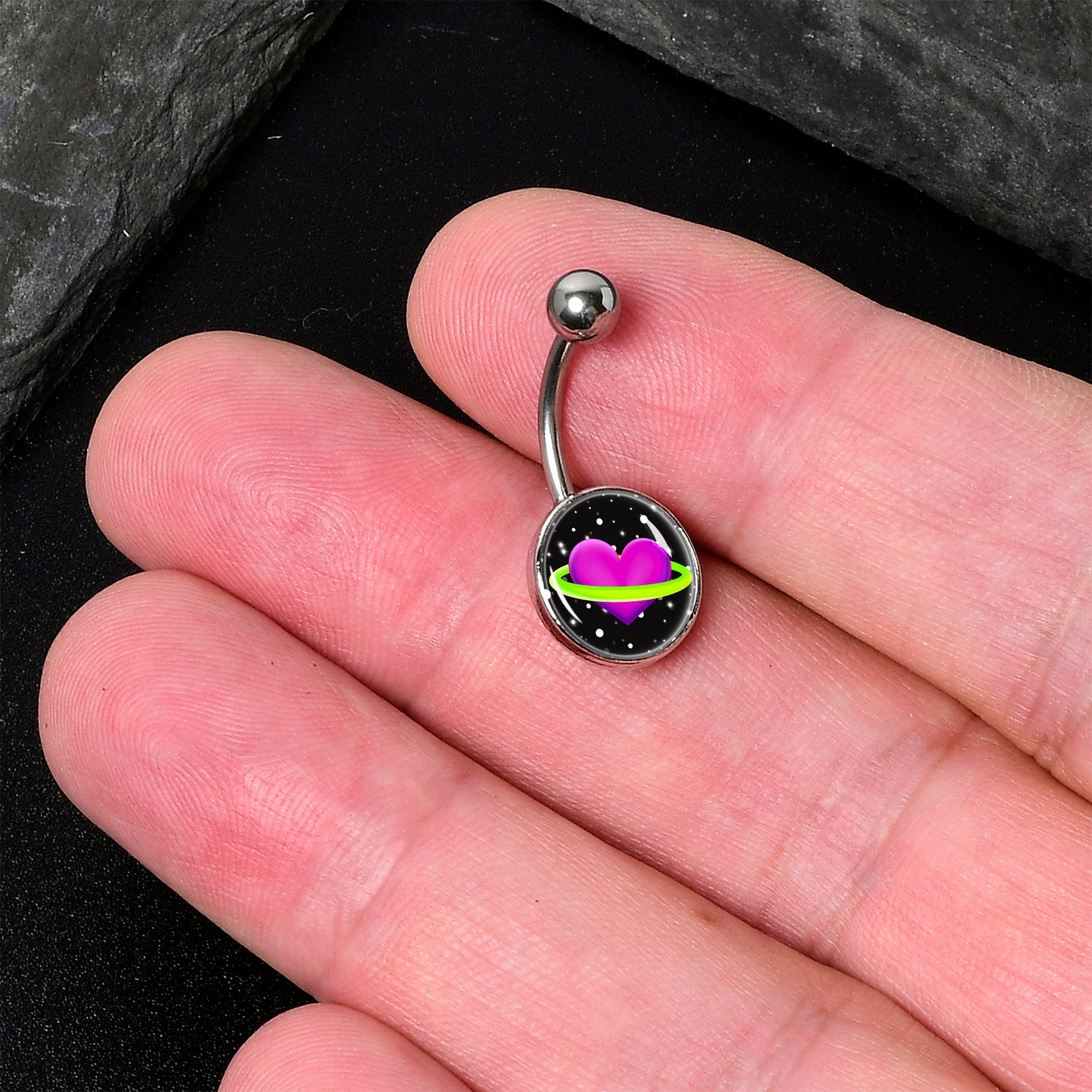 BodyCandy Heart Planet Belly Ring by Onyx O — detail close-up