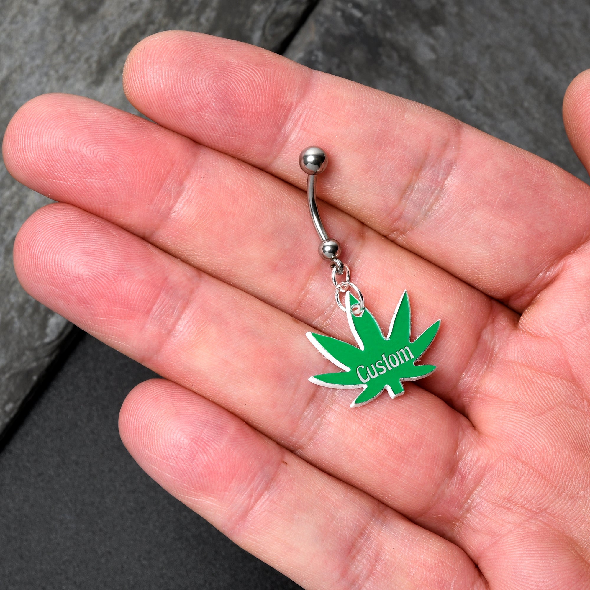 BodyCandy Custom Marijuana Pot Leaf Personalized Dangle Belly Ring — detail close-up