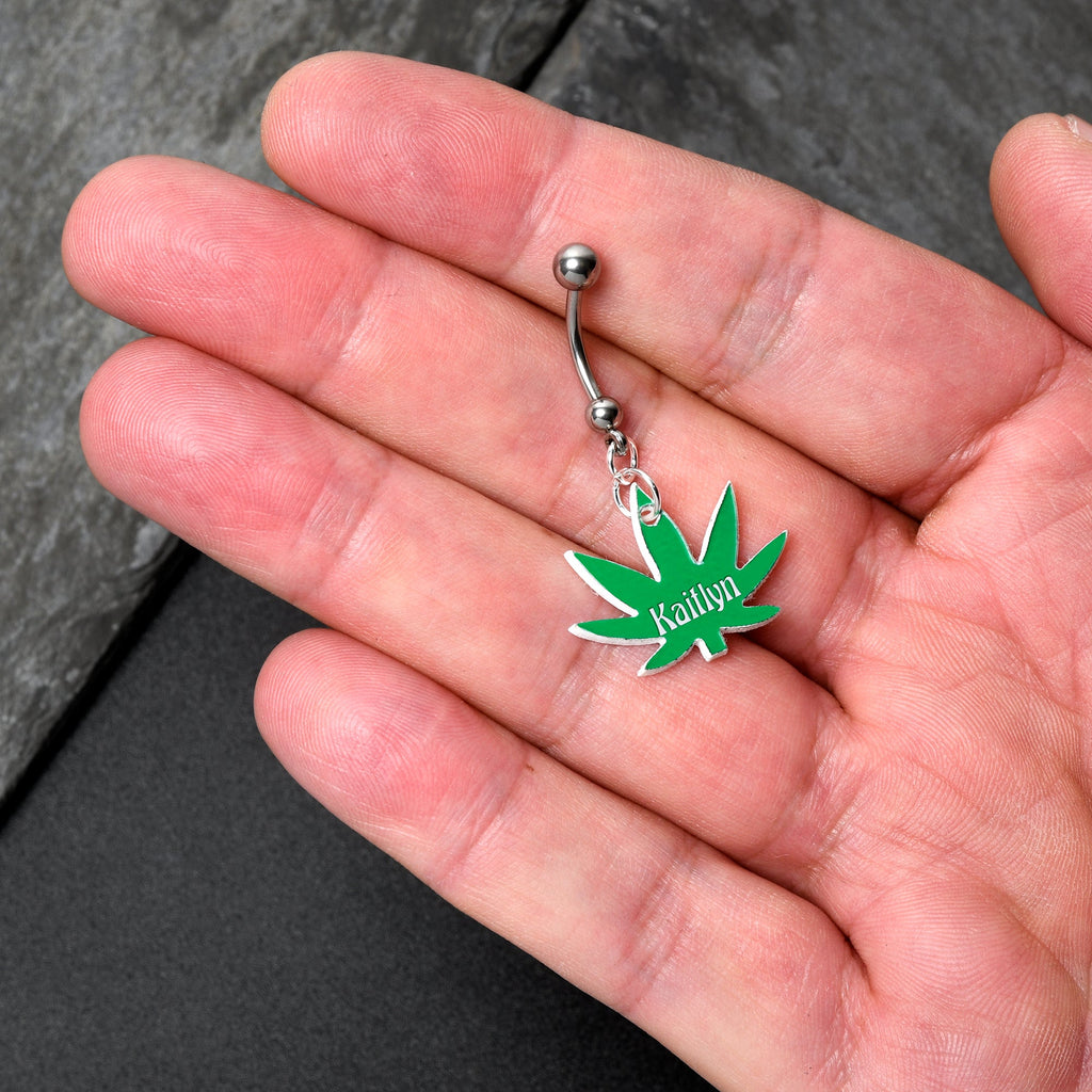 BodyCandy Custom Marijuana Pot Leaf Personalized Dangle Belly Ring — lifestyle context