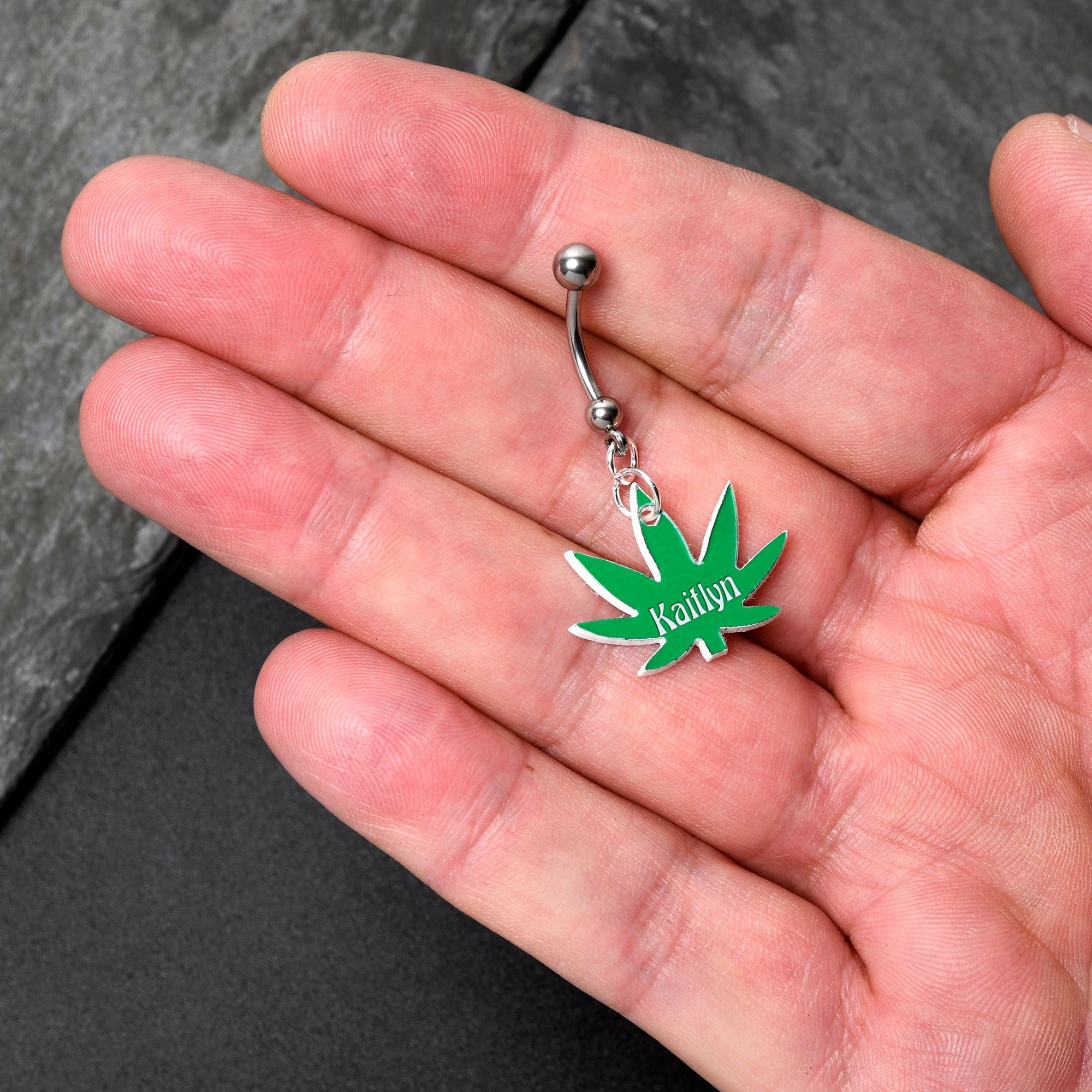 BodyCandy Custom Marijuana Pot Leaf Personalized Dangle Belly Ring — lifestyle context