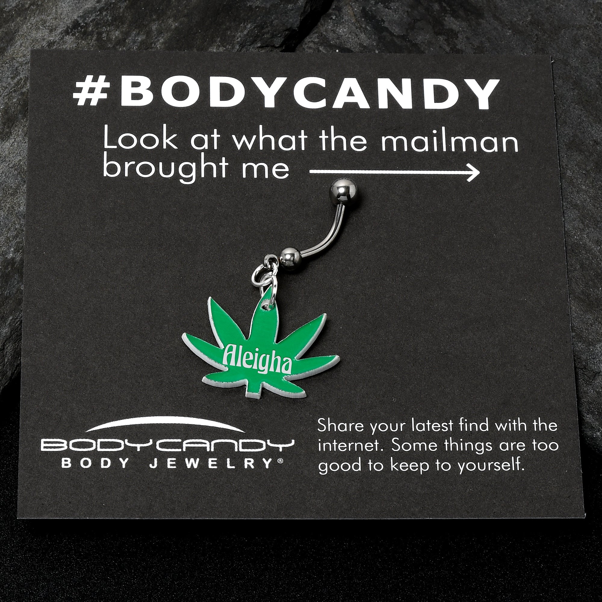 BodyCandy Custom Marijuana Pot Leaf Personalized Dangle Belly Ring — in-use photo