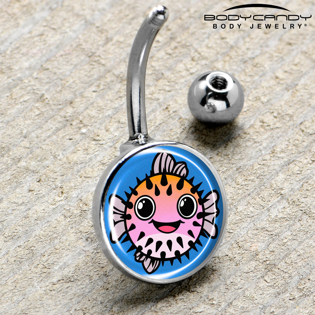 BodyCandy Swimming Pink Pufferfish Belly Ring by Onyx O — side view
