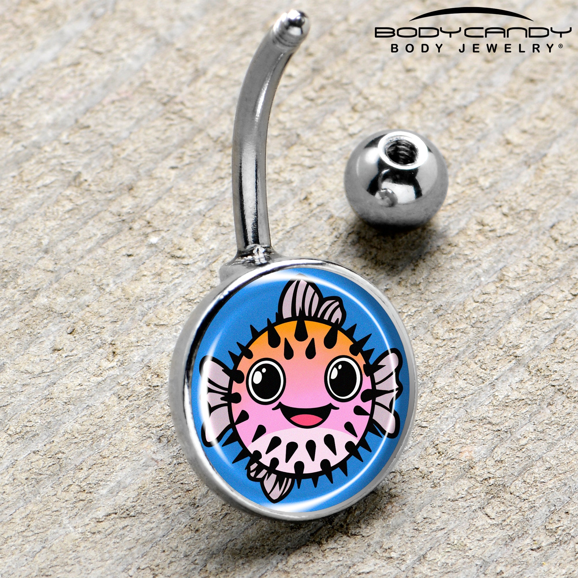 BodyCandy Swimming Pink Pufferfish Belly Ring by Onyx O — side view