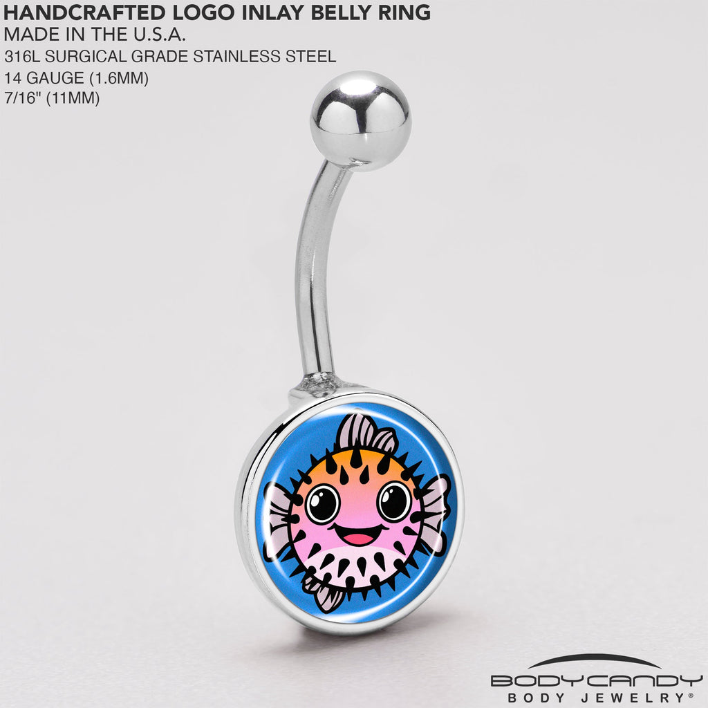 BodyCandy Swimming Pink Pufferfish Belly Ring by Onyx O — back view