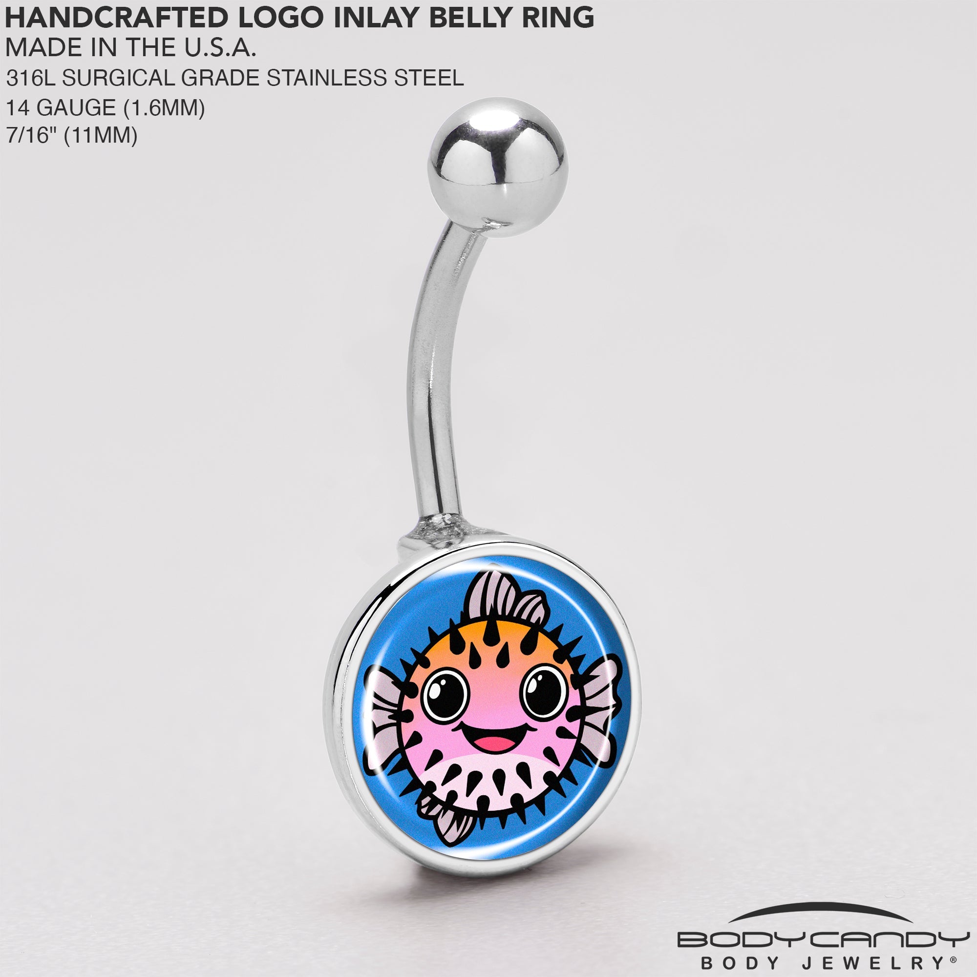 BodyCandy Swimming Pink Pufferfish Belly Ring by Onyx O — back view