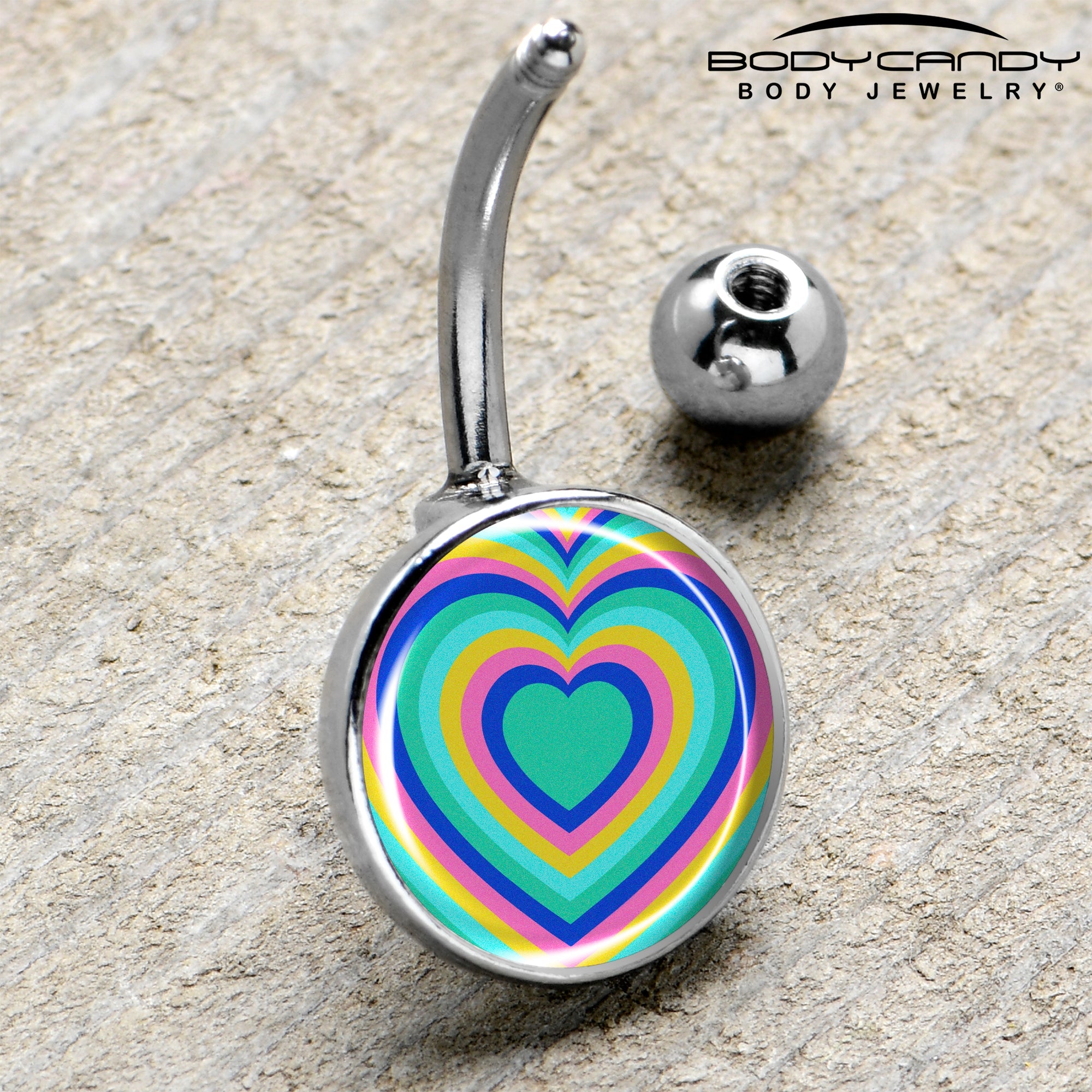 BodyCandy Rainbow Retro Heart Belly Ring by Onyx O — side view