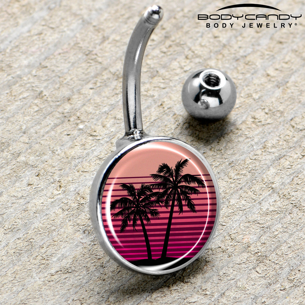 BodyCandy Palm Tree Retro Sunset Belly Ring by Onyx O — side view