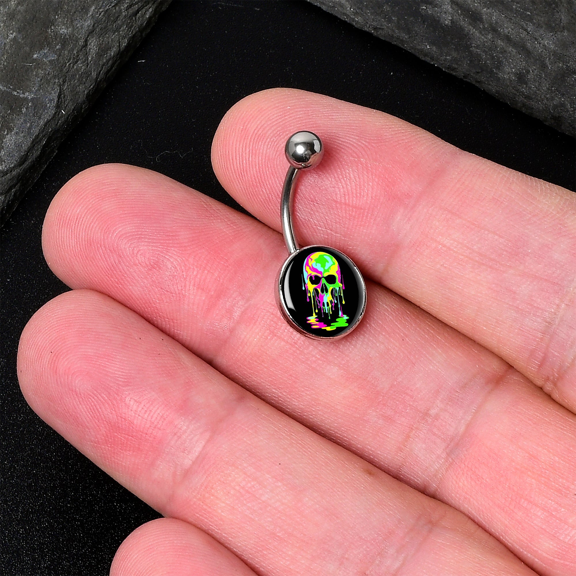 BodyCandy Ultra Bright Melting Skull Belly Ring by Onyx O — detail close-up