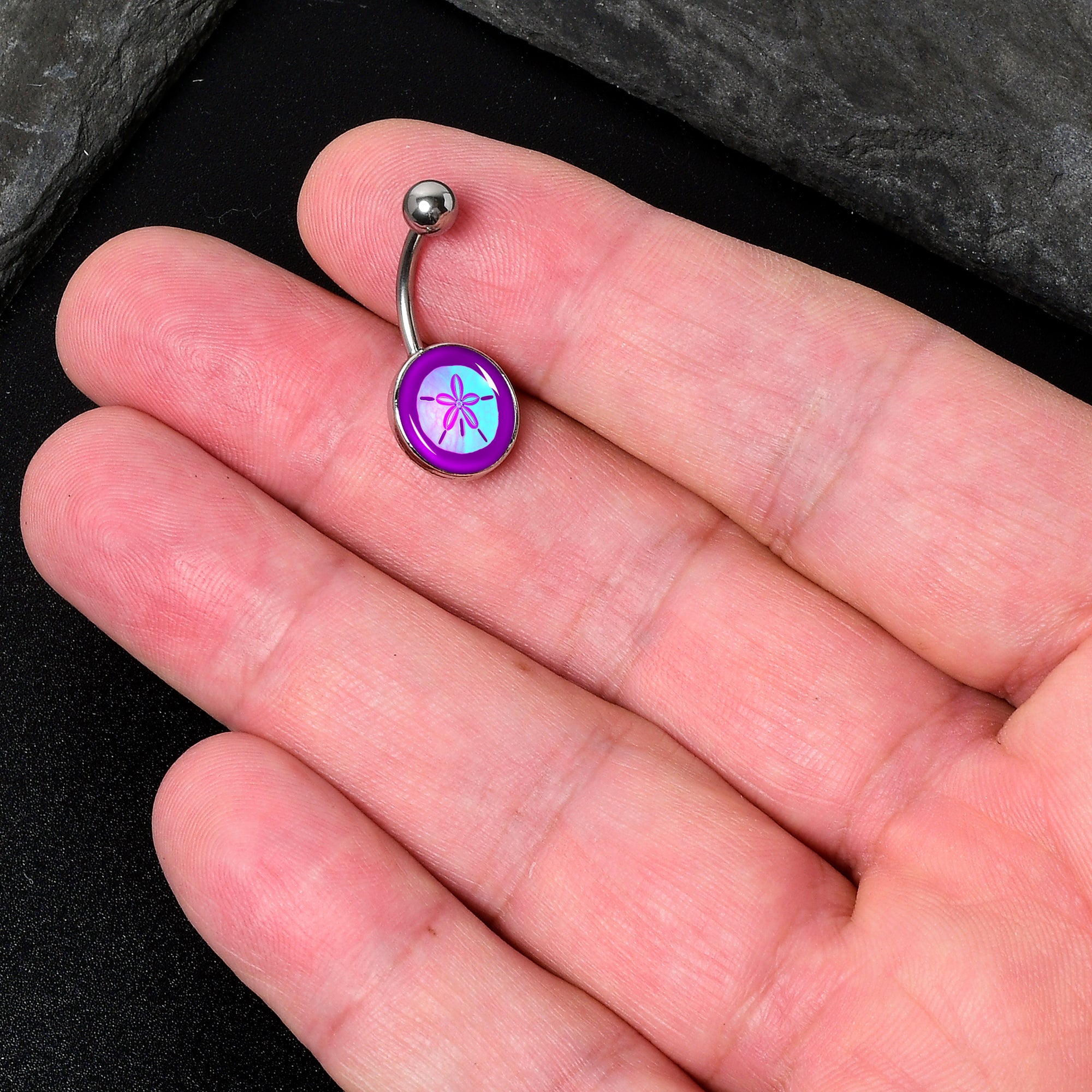 BodyCandy Purple Nautical Sand Dollar Belly Ring by Onyx O — detail close-up