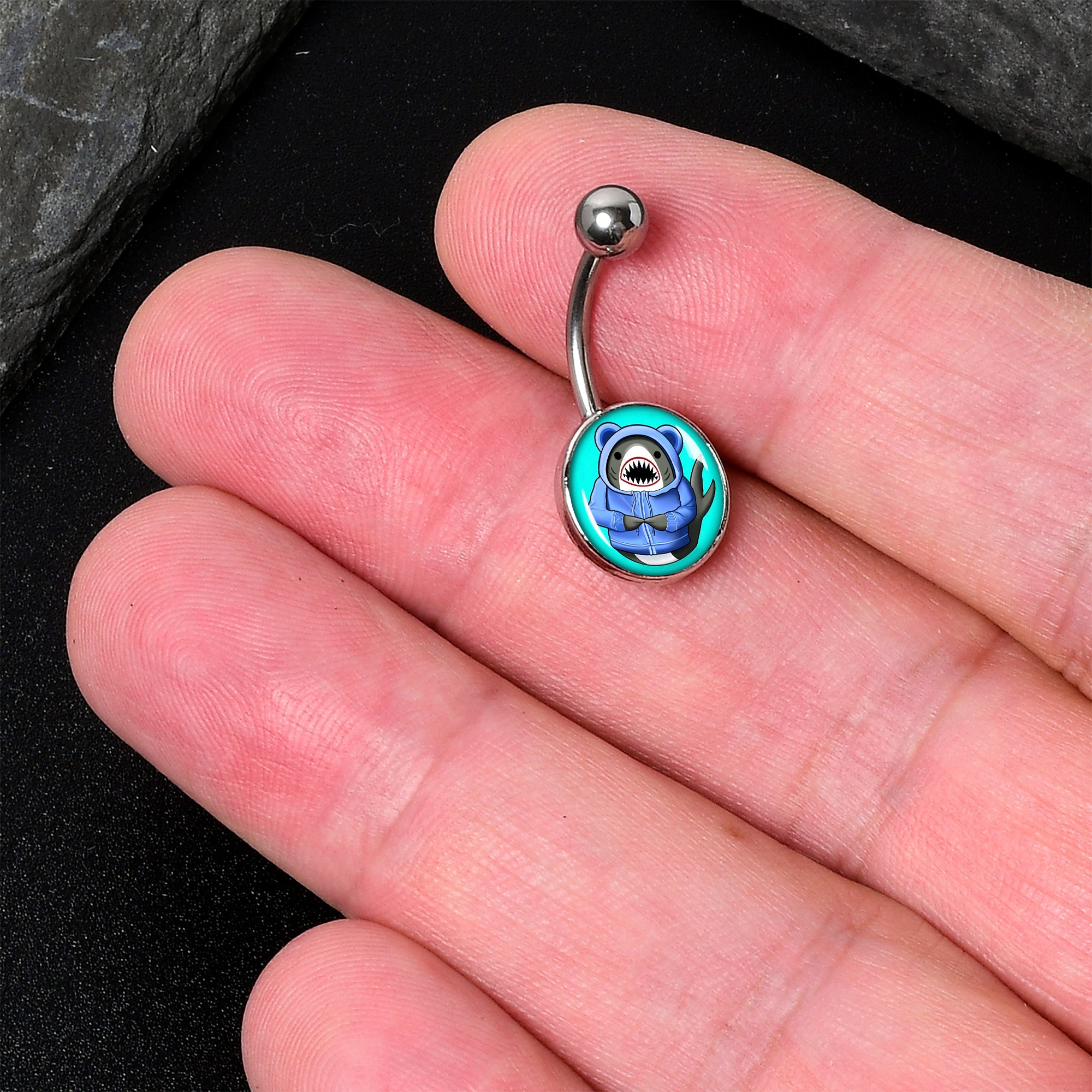 BodyCandy Shark in a Hoodie Belly Ring by Onyx O — detail close-up