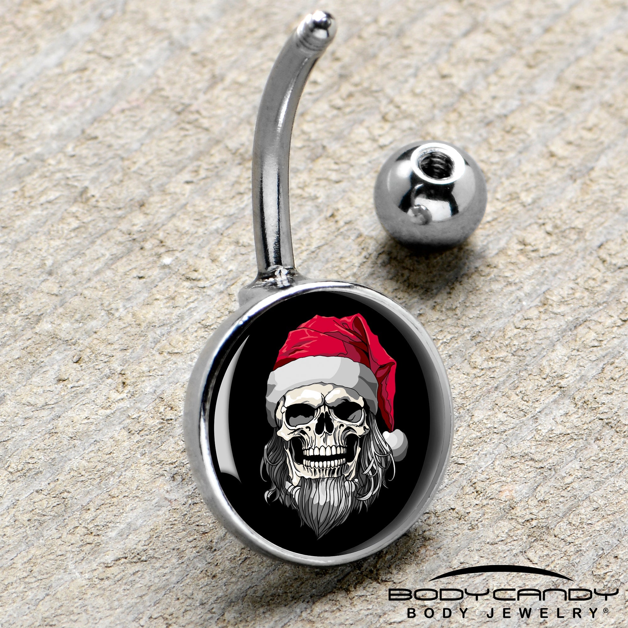 BodyCandy Holiday Skeleton Santa Claus Belly Ring by Onyx O — side view