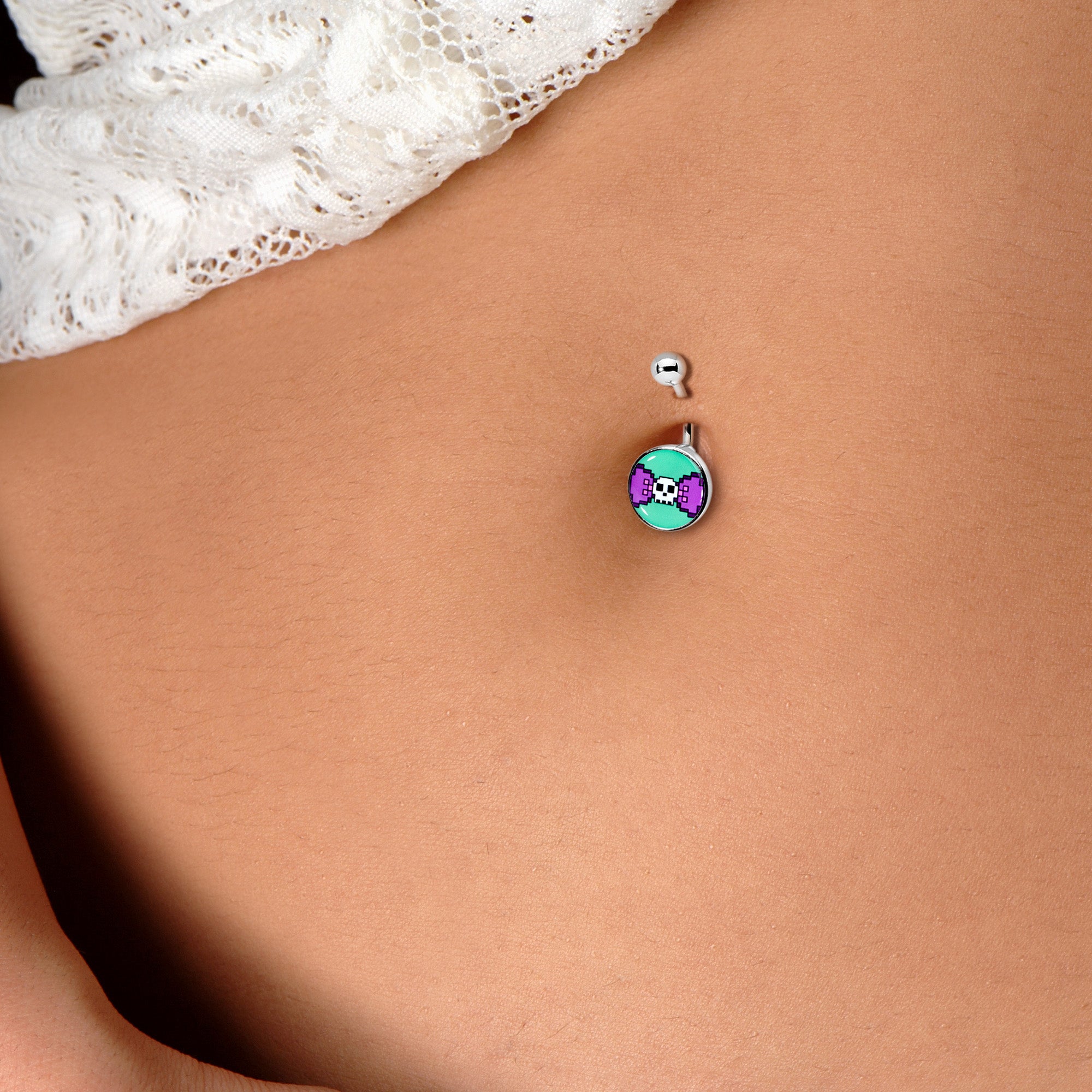 BodyCandy Retro Pixel Skull Belly Ring by Onyx O — detail close-up