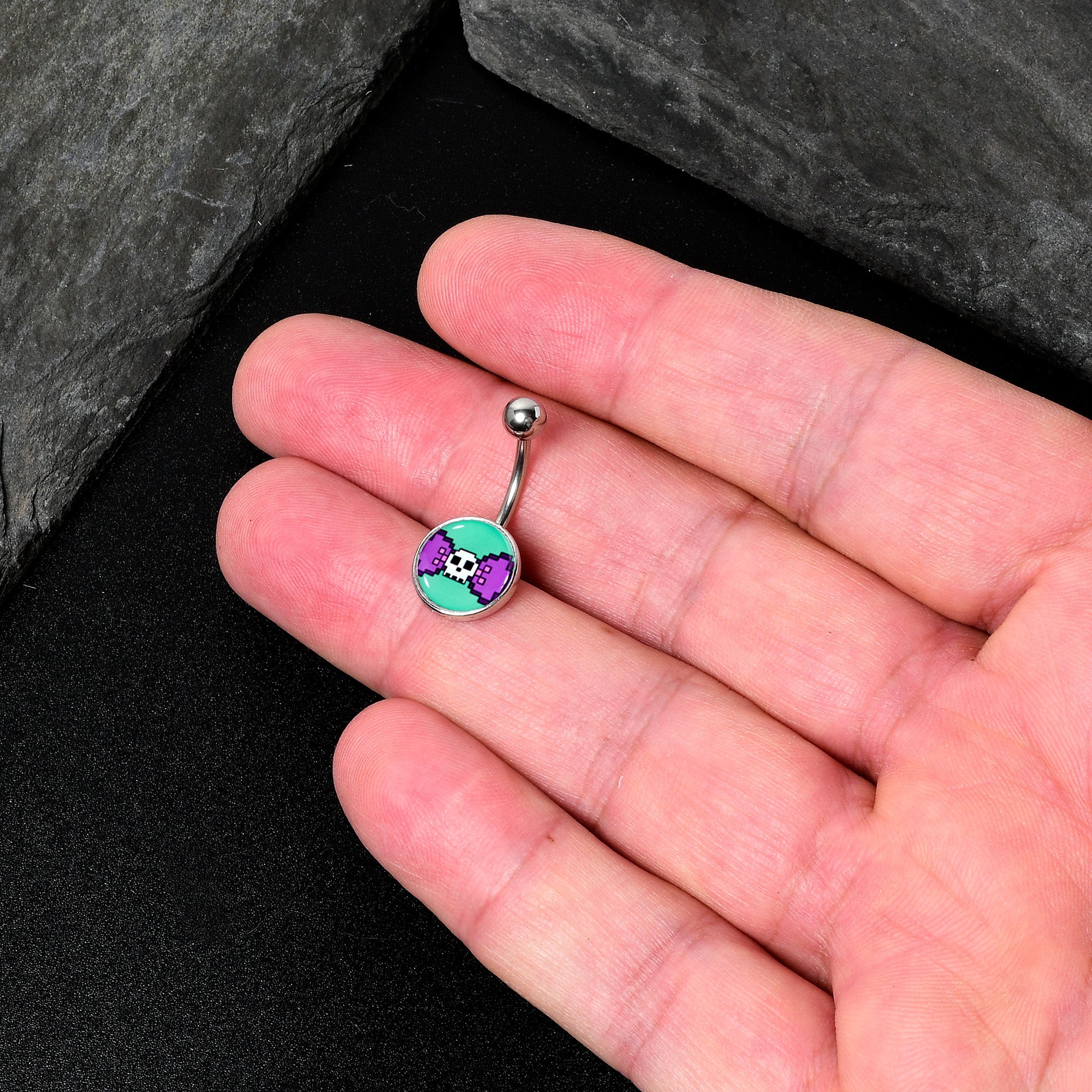 BodyCandy Retro Pixel Skull Belly Ring by Onyx O — back view