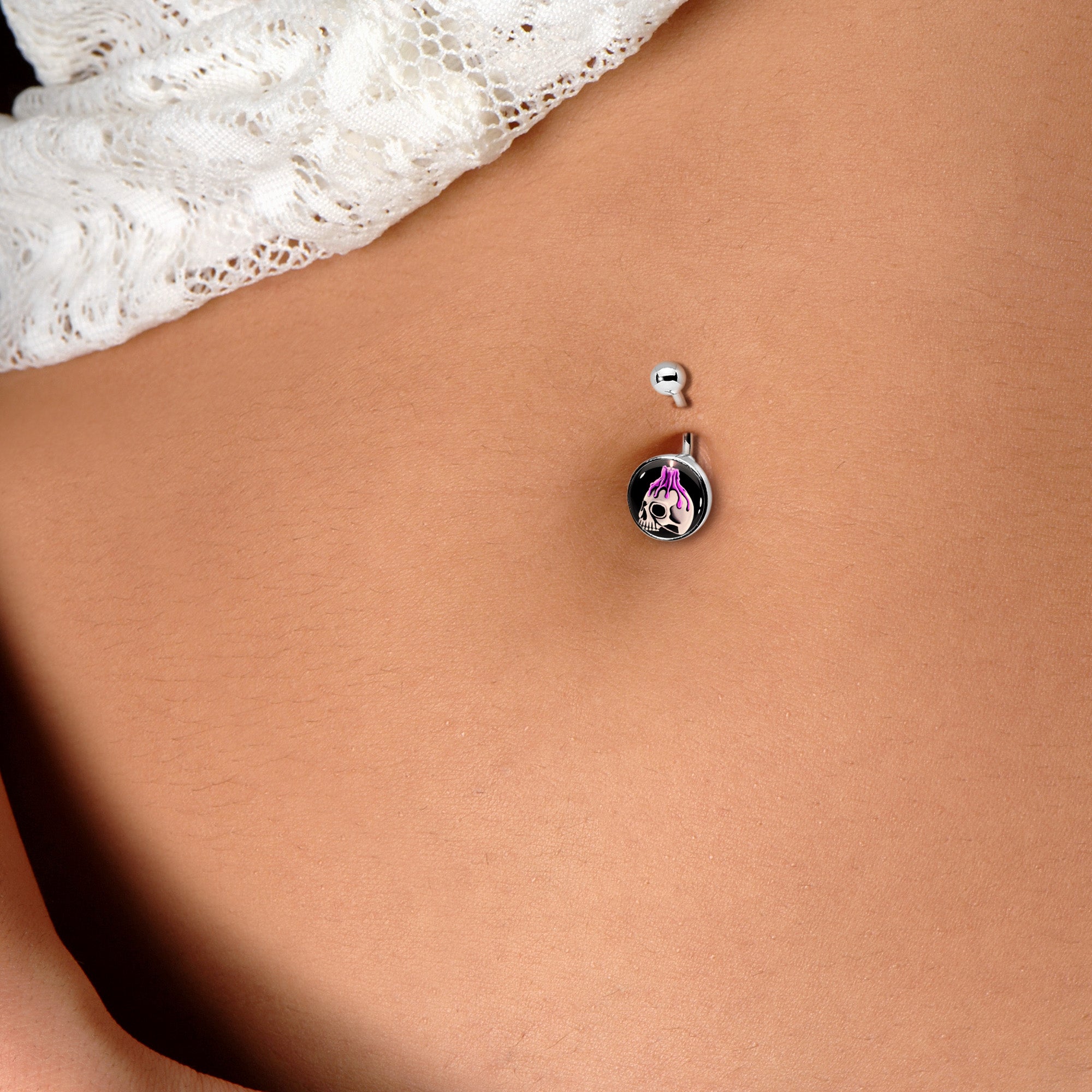 BodyCandy Burning Skull Candle Belly Ring by Onyx O — detail close-up