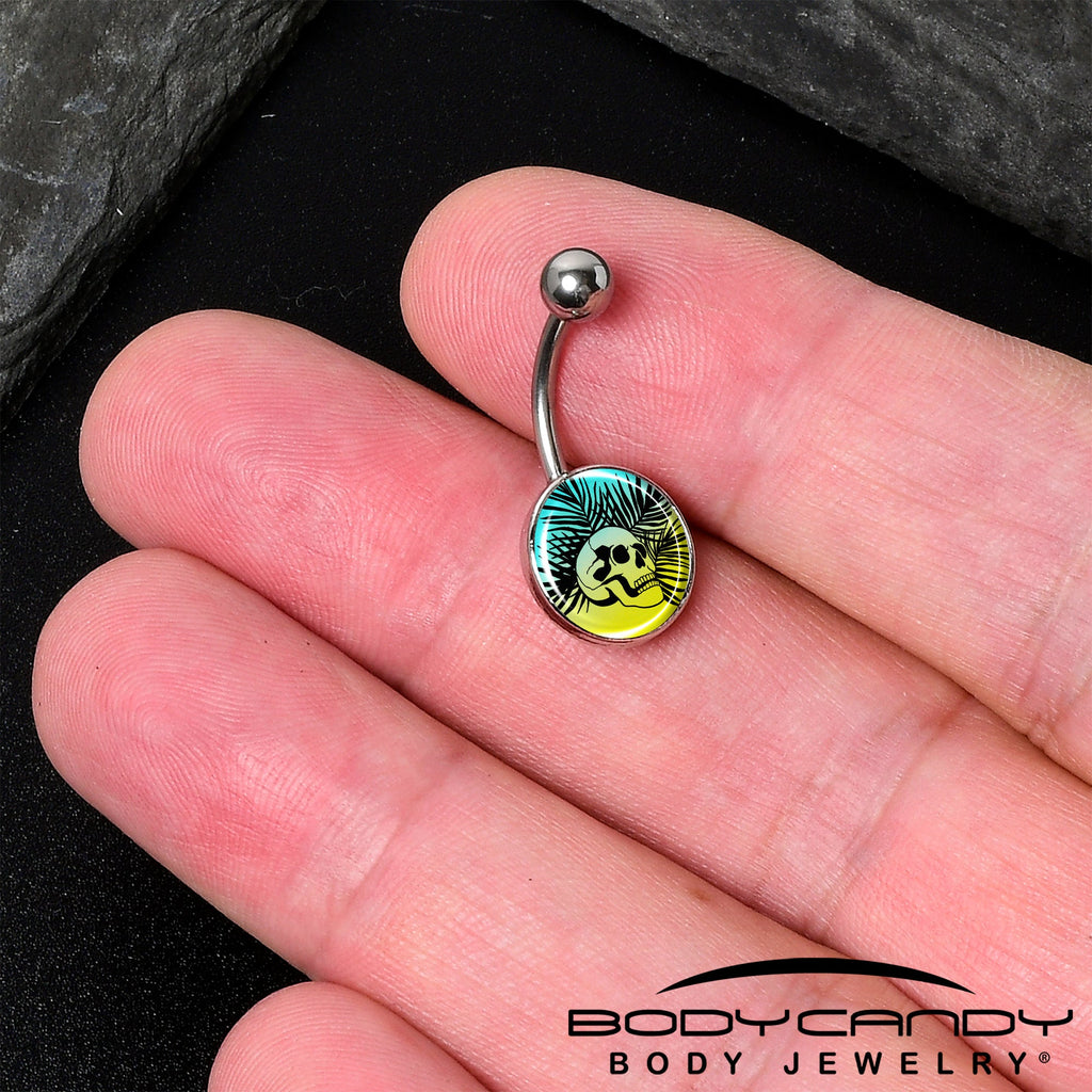 BodyCandy Blue Haze Sunset Skull and Palms Belly Ring by Onyx O — detail close-up
