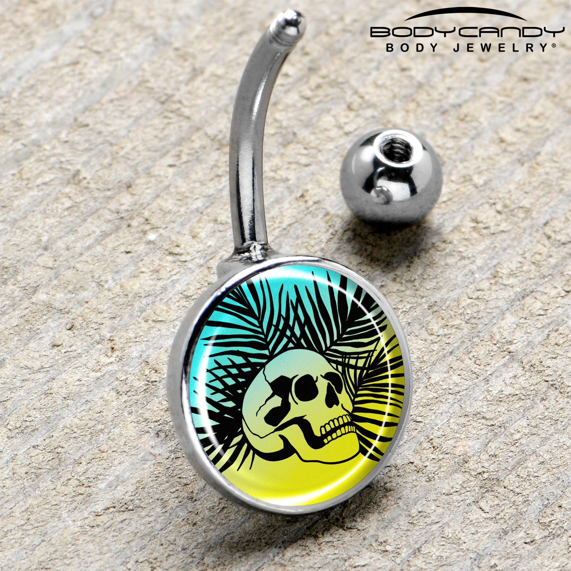 BodyCandy Blue Haze Sunset Skull and Palms Belly Ring by Onyx O — side view