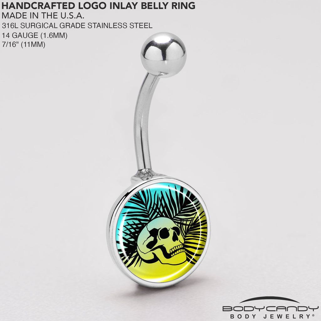 BodyCandy Blue Haze Sunset Skull and Palms Belly Ring by Onyx O — back view