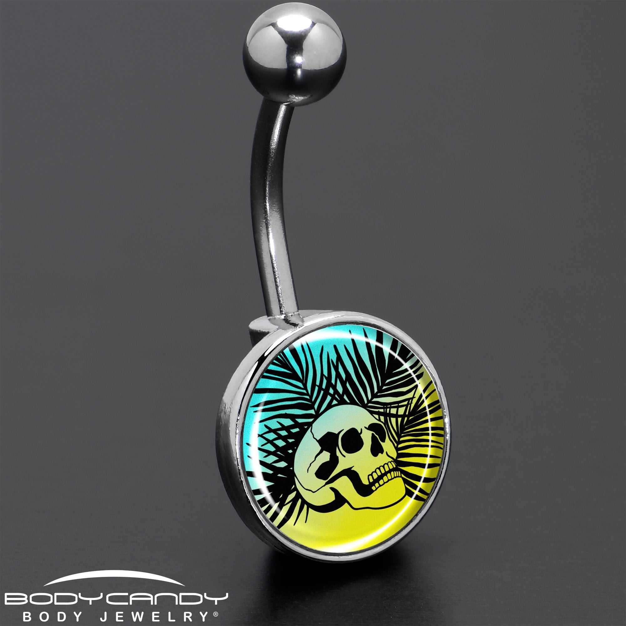 BodyCandy Blue Haze Sunset Skull and Palms Belly Ring by Onyx O — size reference