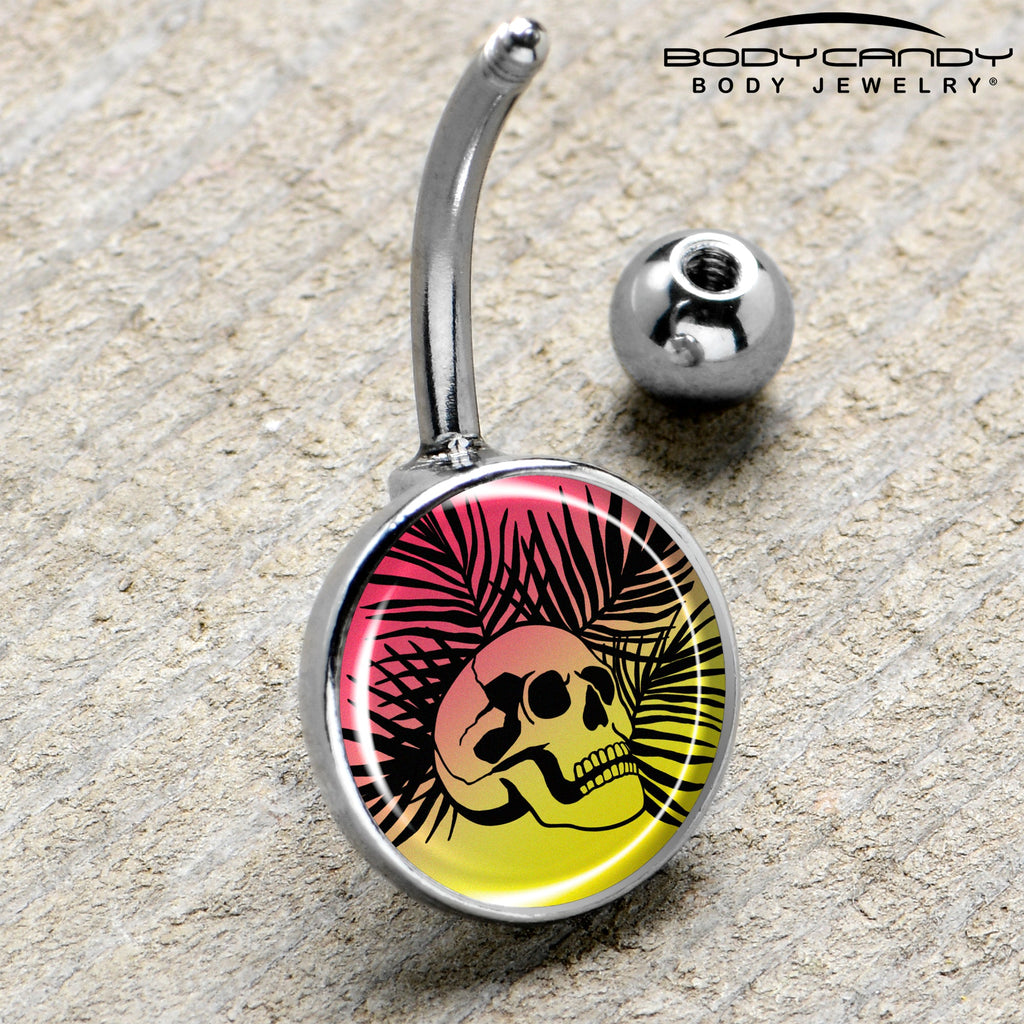 BodyCandy Red Haze Sunset Skull and Palms Belly Ring by Onyx O — side view