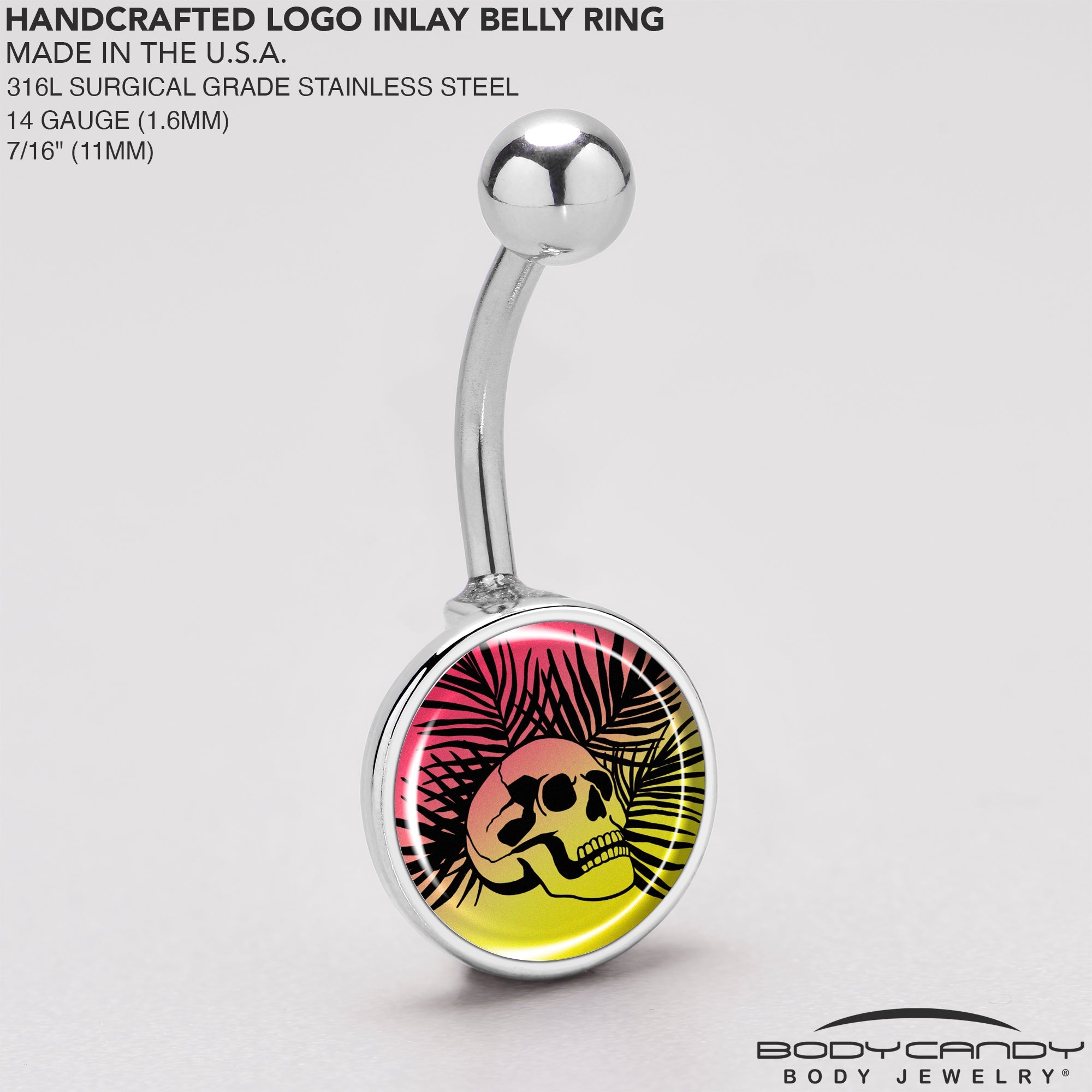 BodyCandy Red Haze Sunset Skull and Palms Belly Ring by Onyx O — back view