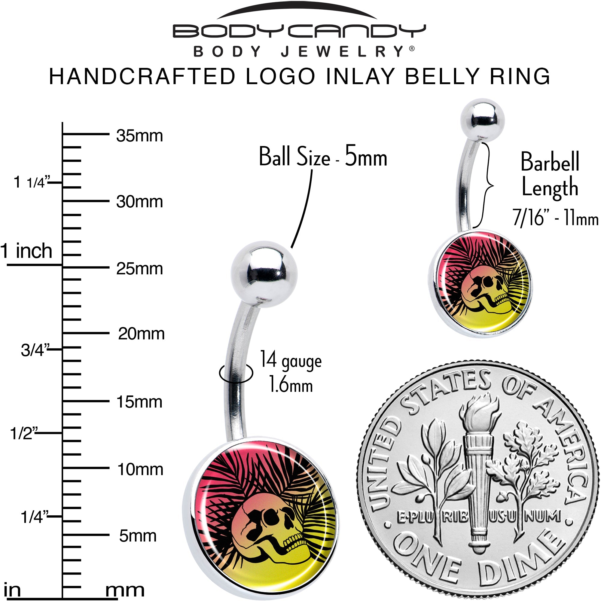 BodyCandy Red Haze Sunset Skull and Palms Belly Ring by Onyx O — alternative angle